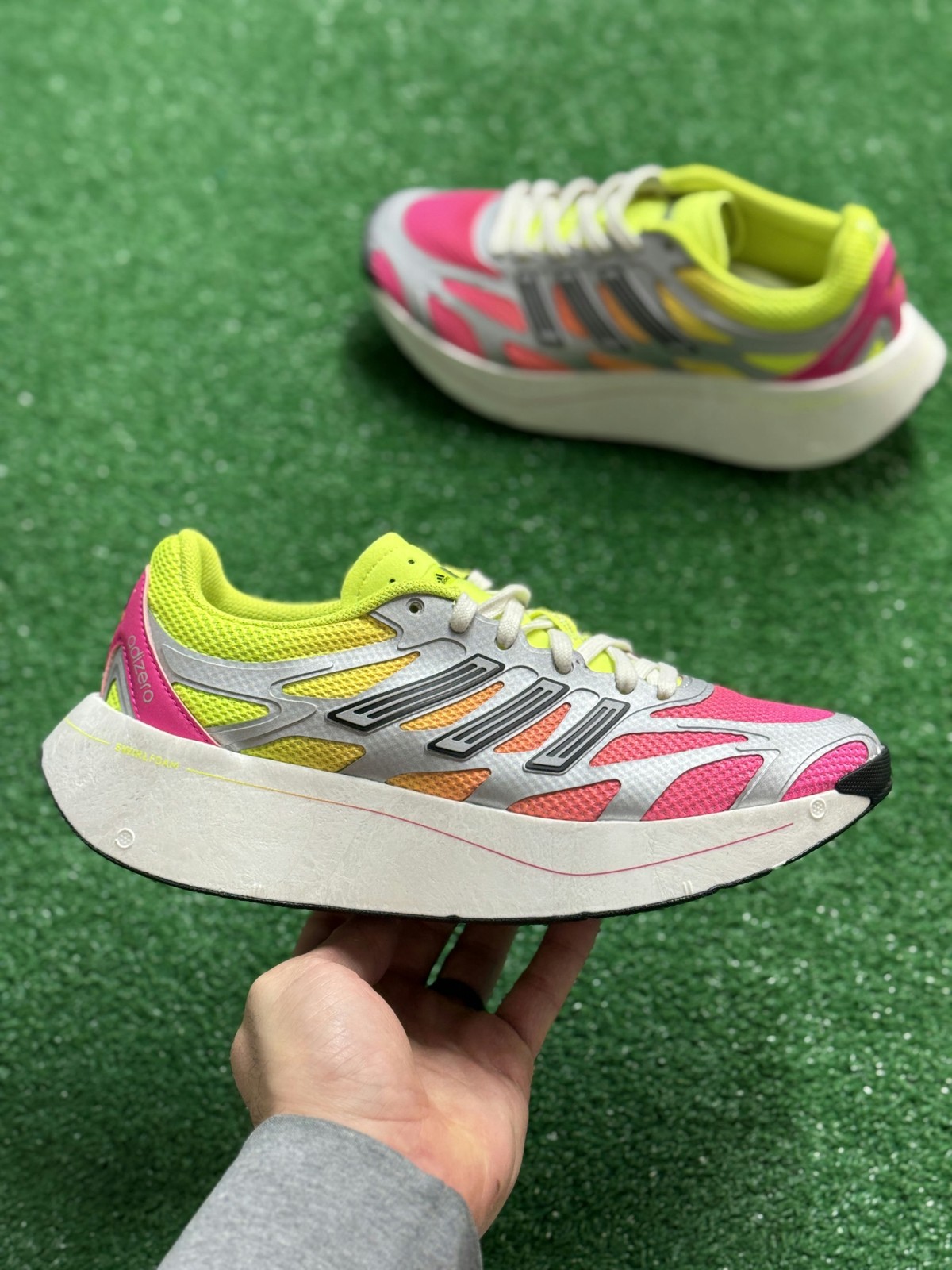 Adidas Adizero Aruku Shock Pink Solar Yellow Womens Running JR6175 NEW Sz 8