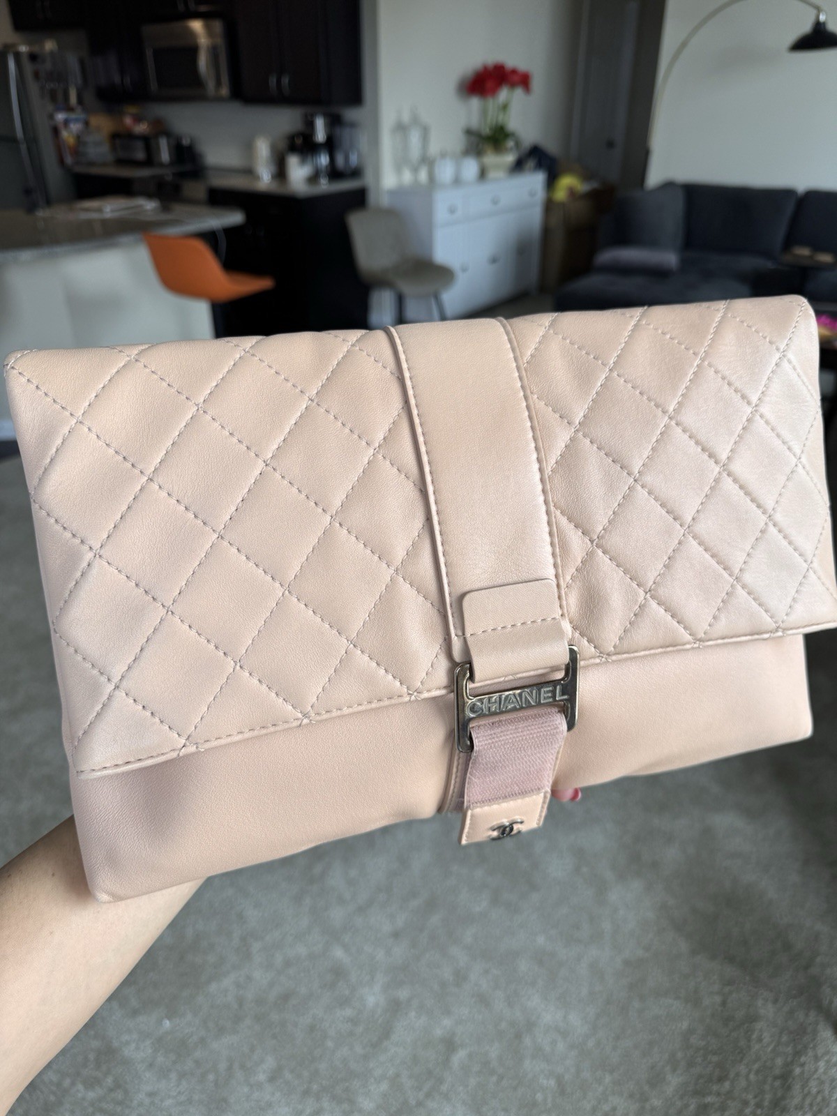 CHANEL Beige Quilted CC Logo Buckle Clutch Silver Hardware Inner Zipper