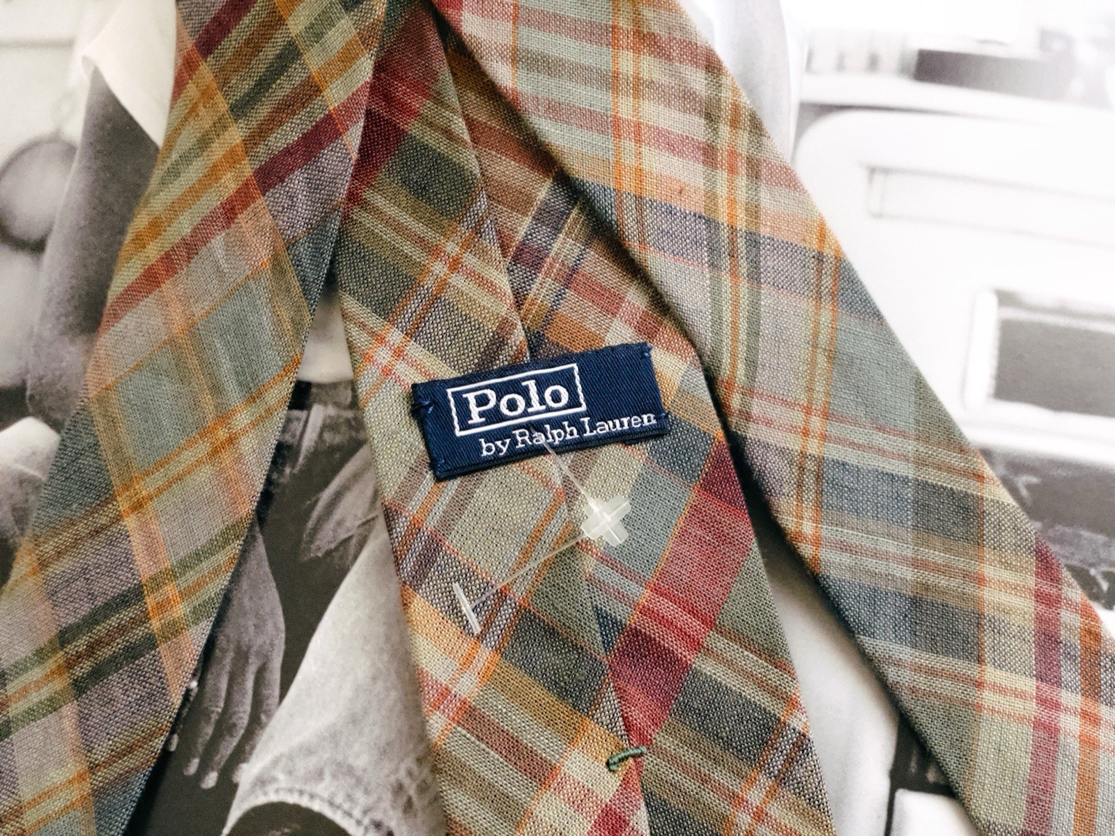 POLO RALPH LAUREN Vintage Made In USA Summer Plaid 100% Linen Slim Tie NOS