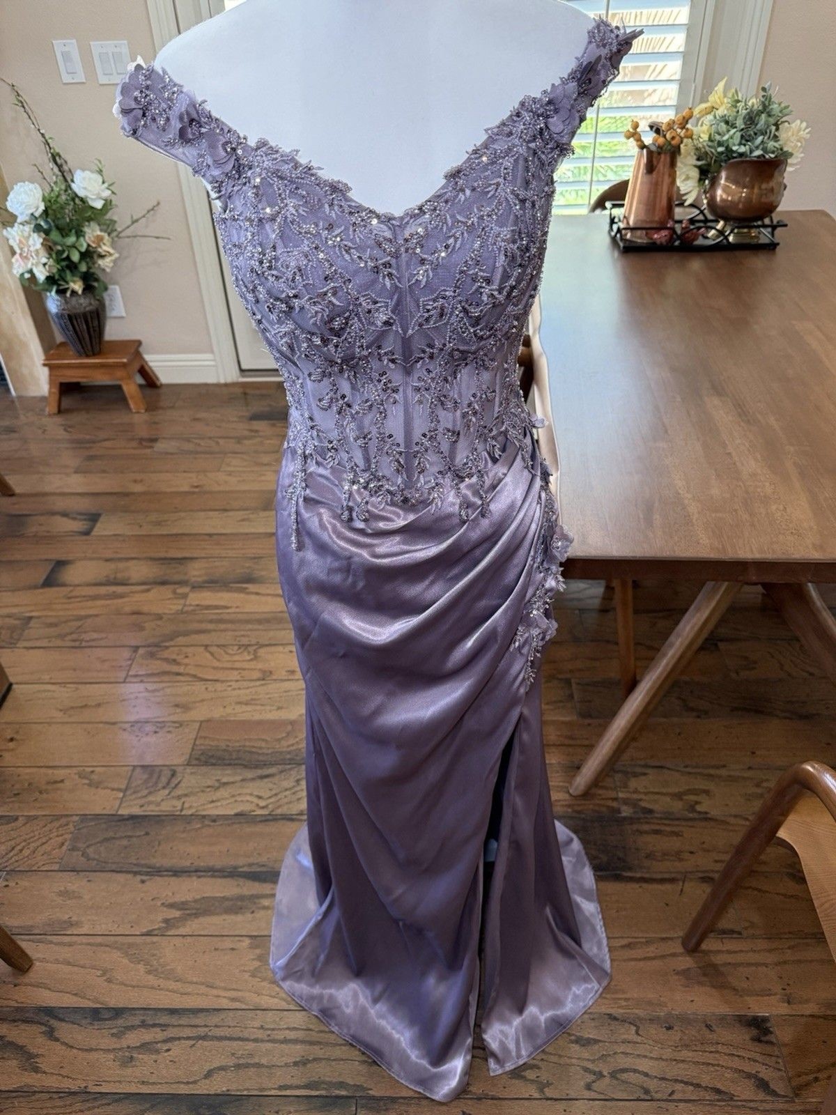 Ladivine Cinderella Divine Lavender Corset Slit Prom Gown Beaded Formal Dress M
