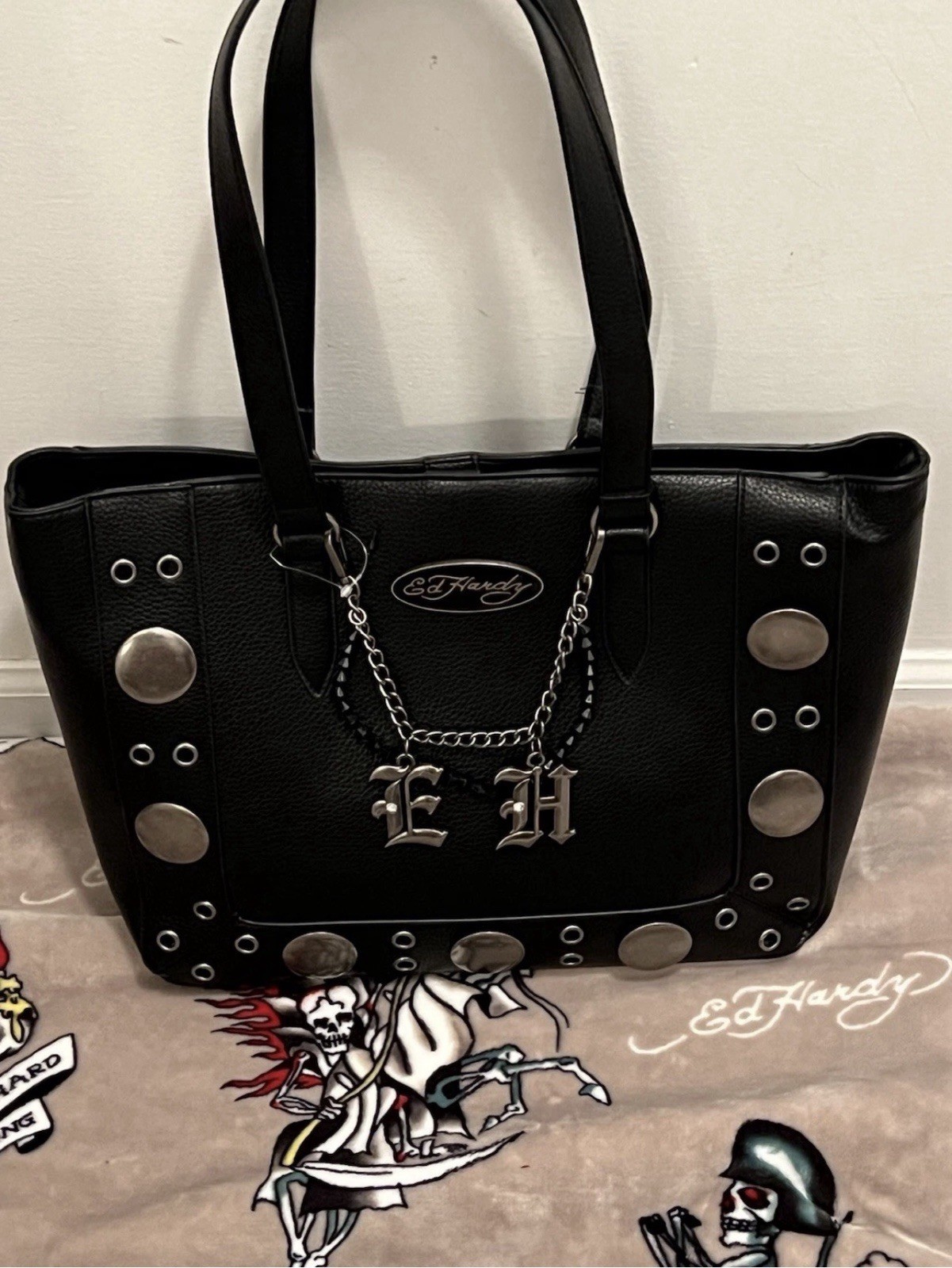 Ed Hardy Black Studded Tote Bag EH Charm Chain Shoulder Purse Y2K Rocker Style N