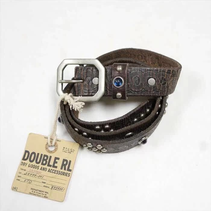RRL Double RL Vintage Studded & Jeweled Distressed Brown Leather Belt Size 34