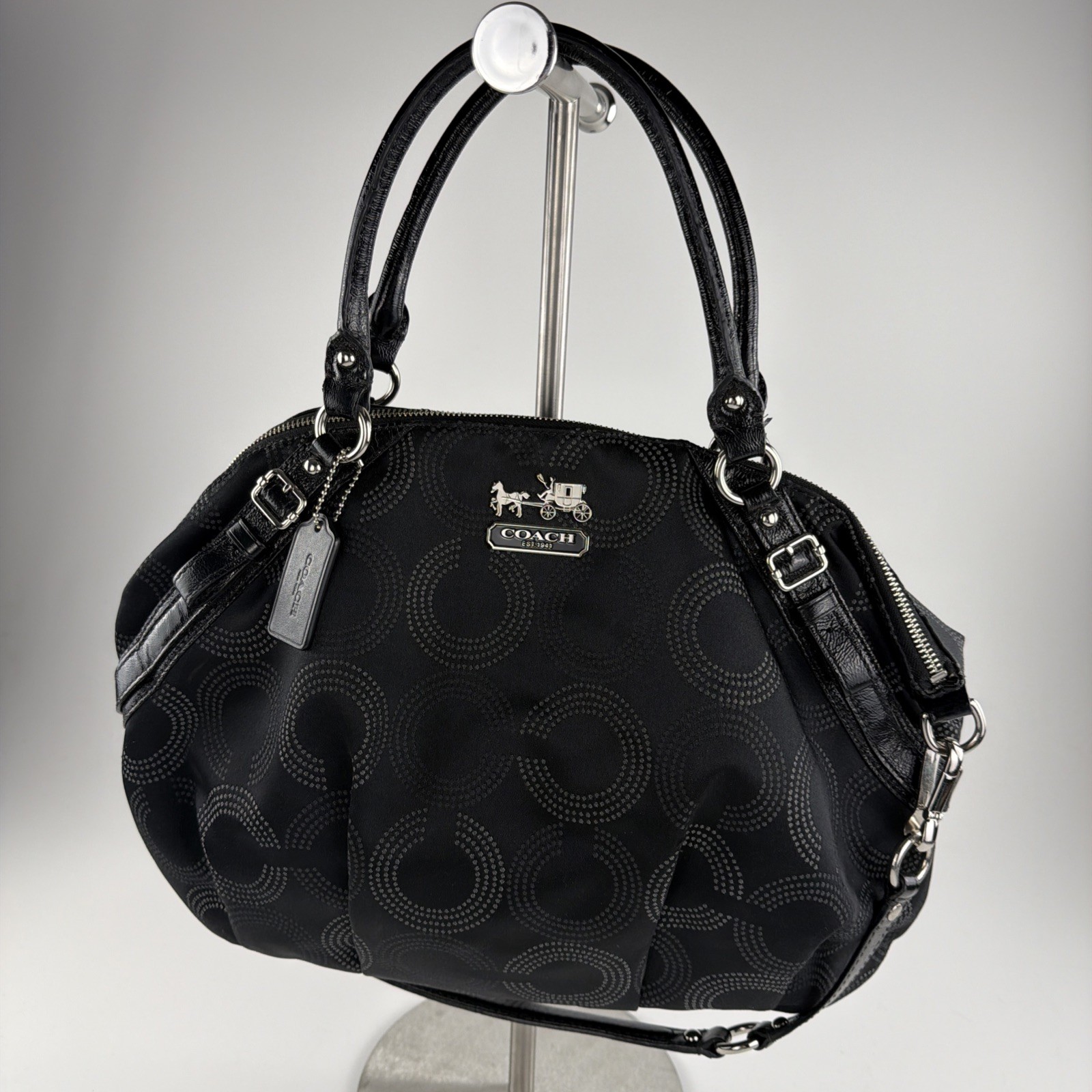 Coach Madison Dotted Op Art Sophia Satchel Bag Purse Large. Black. 15957