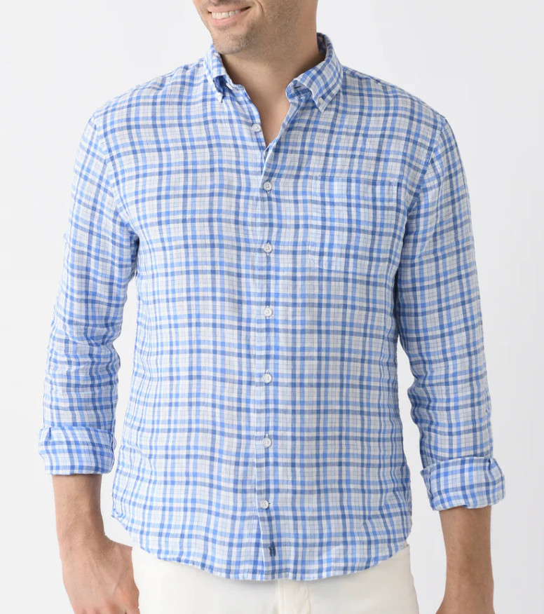 NEW JOHNNIE-O HANGIN’ OUT LAGUNA BLUE BRONX PLAID LINEN BUTTON UP SHIRT SZ XL