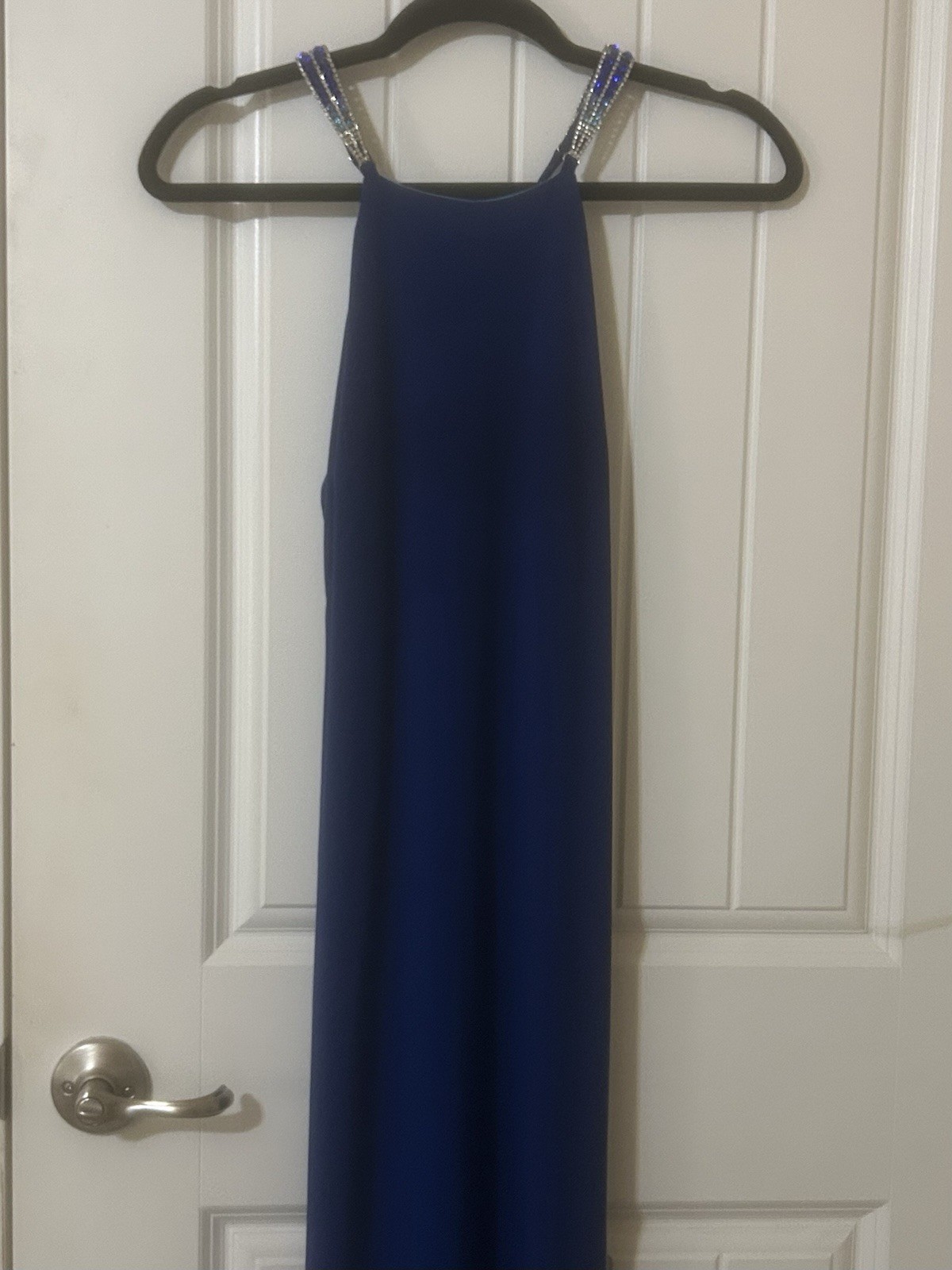 Betsy & Adam Blue Halter Rhinestone Slit Long Gown Prom Homecoming