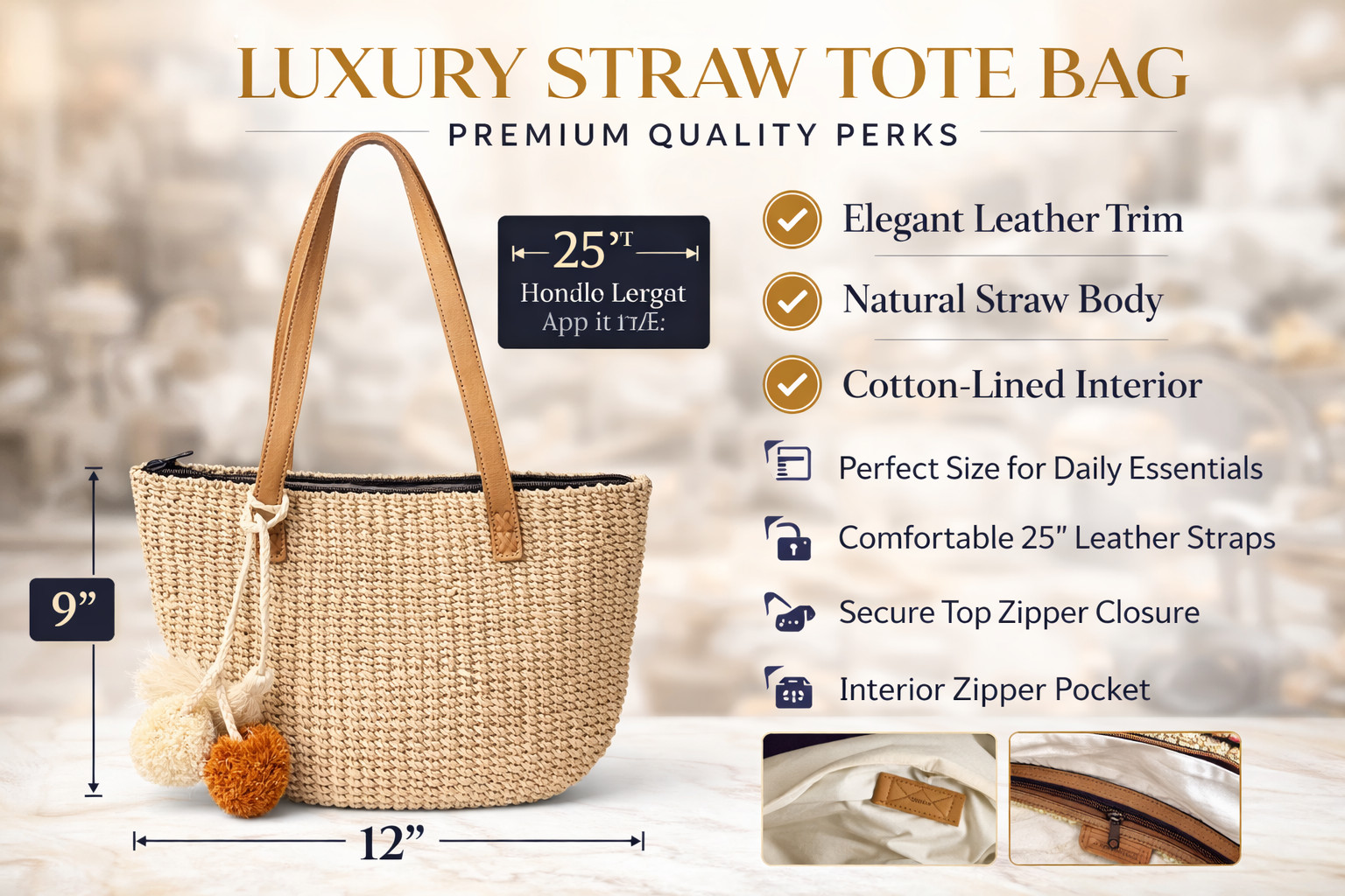 Womens Straw Tote Bag 12×9″ Leather Trim Summer Beach Shoulder Handbag 25″