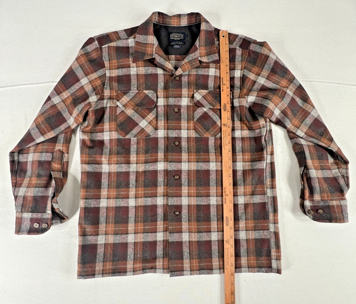 Pendleton Board Shirt Mens (L) Brown Orange Surf Plaid Virgin Wool LS Pockets