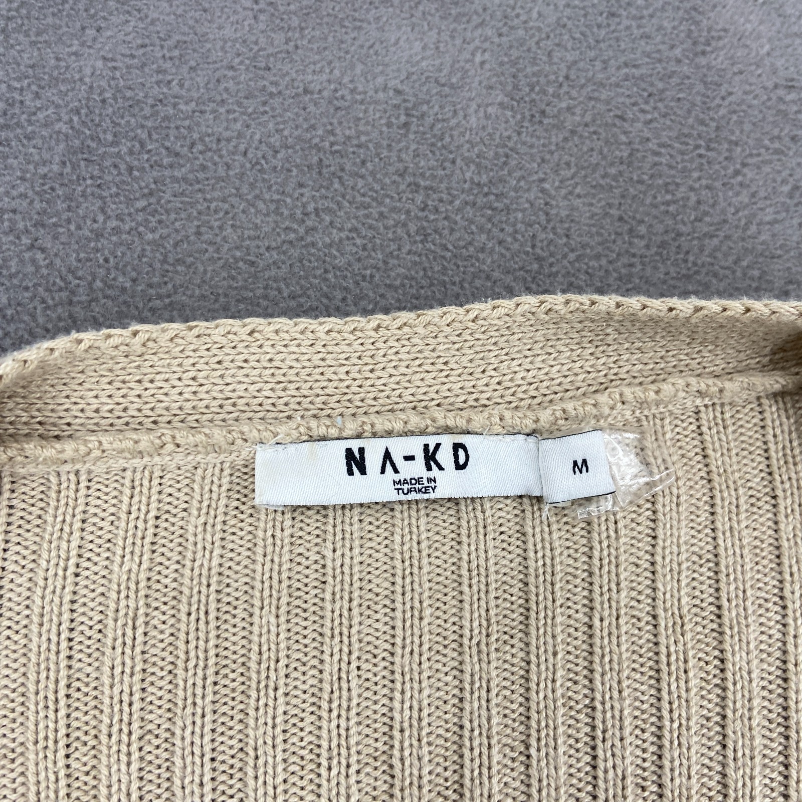 NA-KD Cropped Wrap Sweater Womens Medium Beige Ribbed Knit Coquette Tie Waist