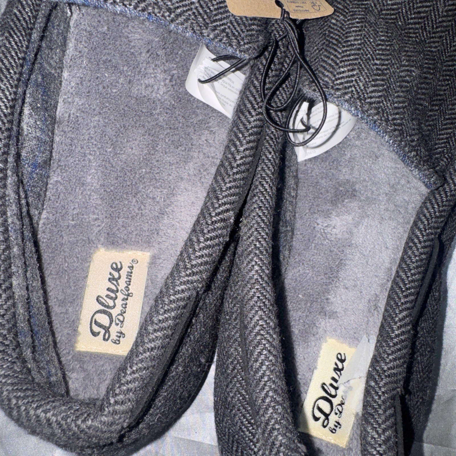 Dluxe by Dearfoams Charcoal Black Herringbone Moccasin Slipper Memory Foam NWT