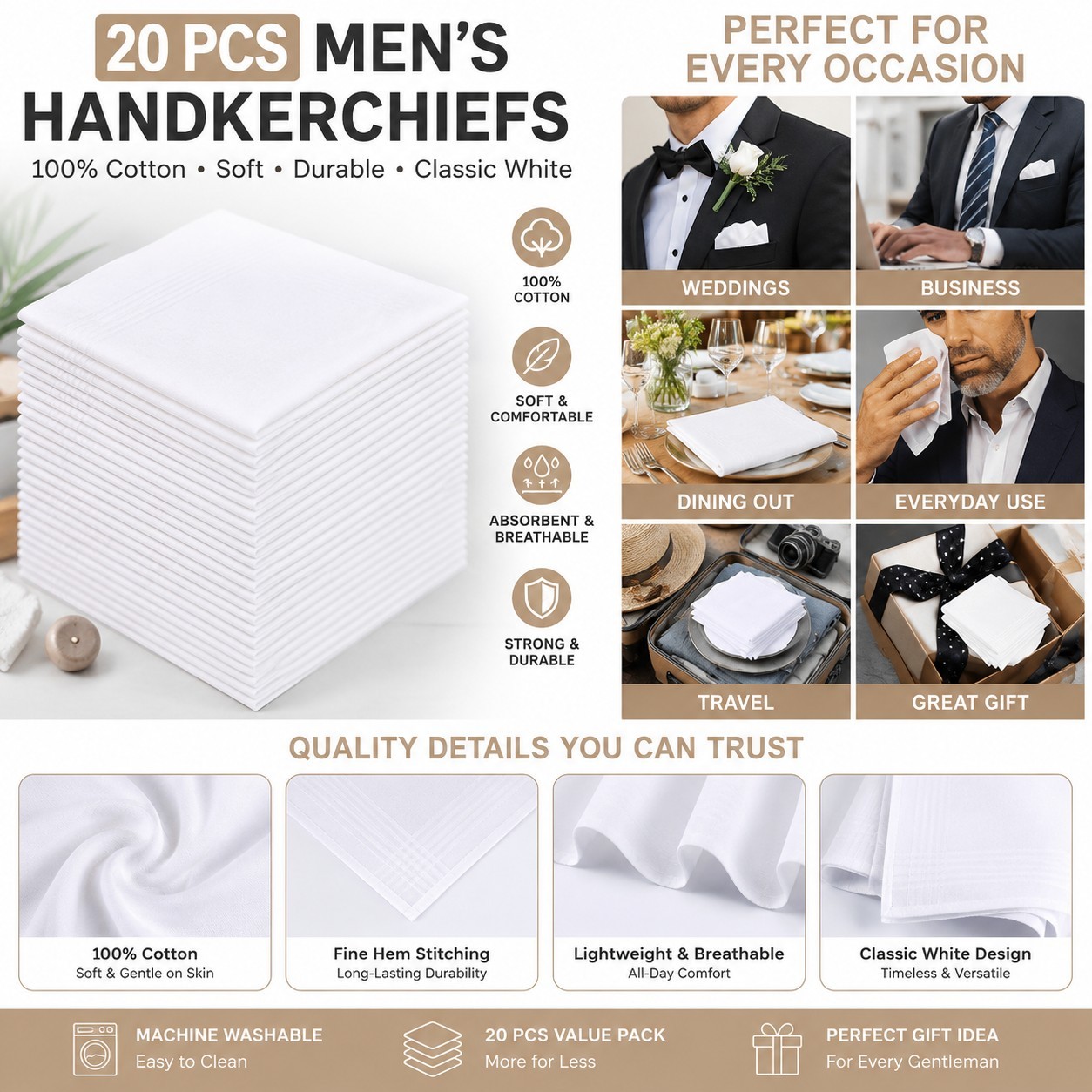 Mens Cotton Handkerchiefs 20 Pack White Pocket Squares Hankies 16×16 Wedding Set