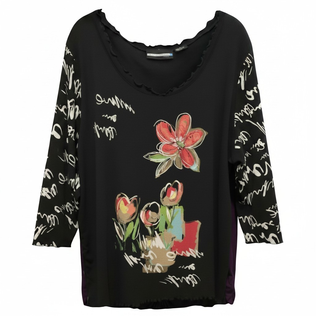 Requirements Pullover T Top Size 2X 3/4 Sleeves Bling Floral Design Front EUC