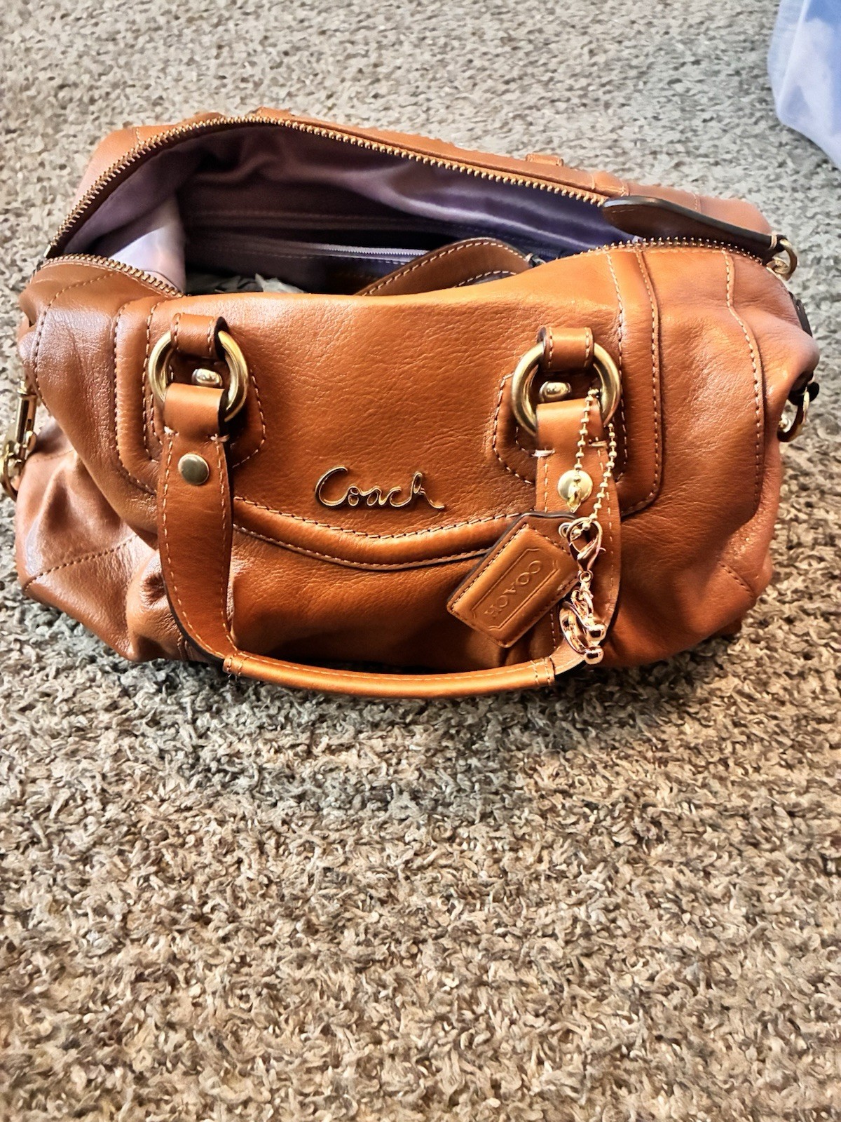 Coach Madison Brown Satchel Top Handle Bag Zip Gold Hardware Charm Pockets