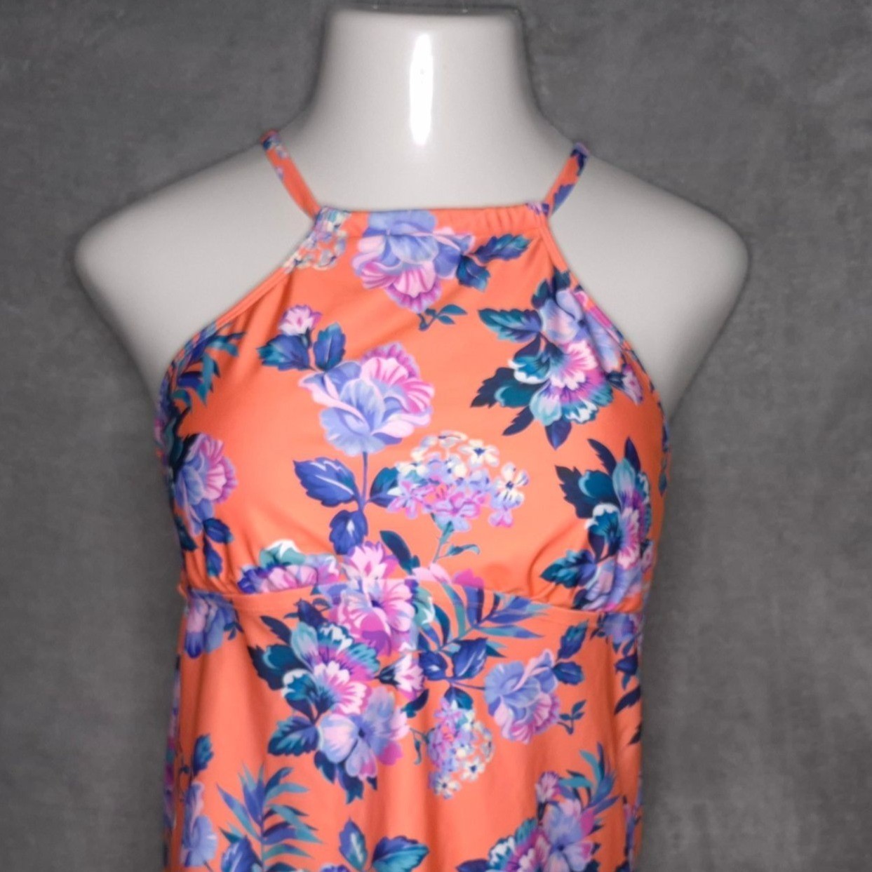 A.N.A. Floral Halter Tankini Top XL Adjustable Straps Crisscross Back Swimwear