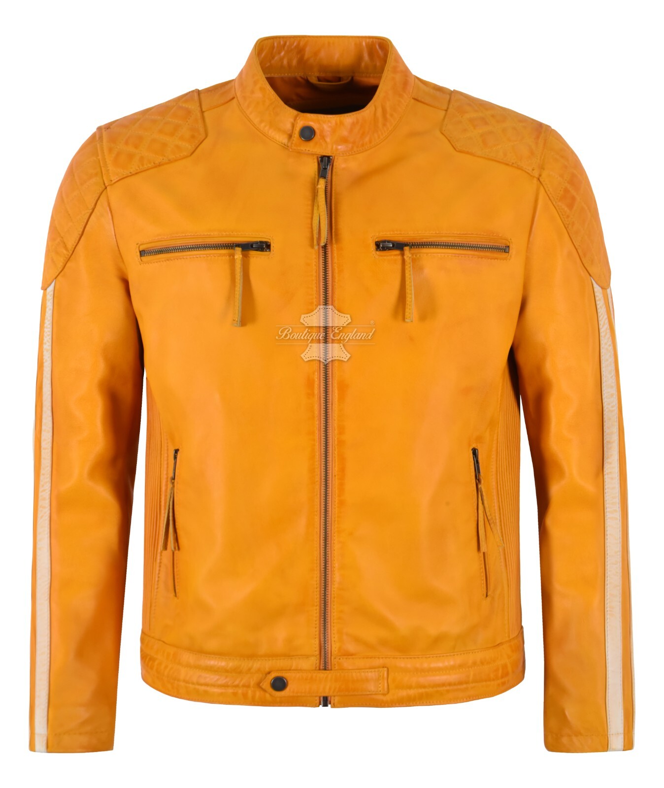 Men’s Racer Leather Jacket Yellow Beige Stripes Biker Motorcycle Style Jacket