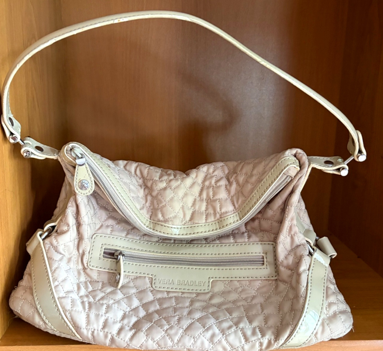 VERA BRADLEY EMMA BEIGE QUILTED NYLON TOP ZIP SHOULDER SATCHEL HANDBAG