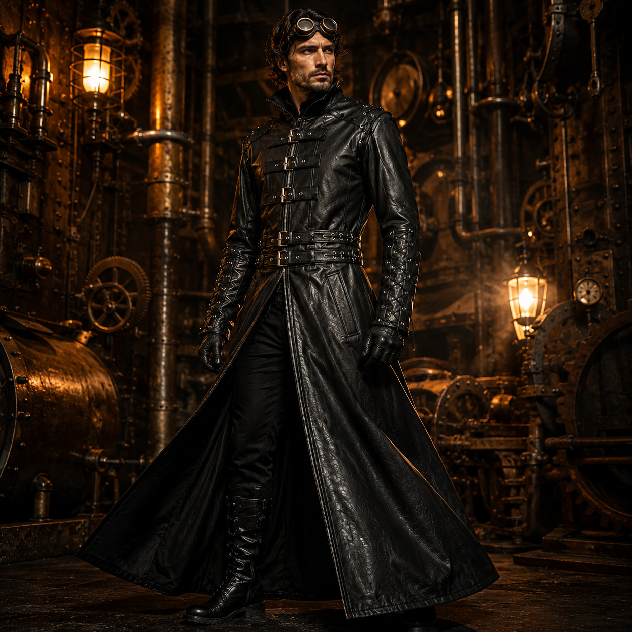 Mens Black Real Leather Gothic Trench Coat Steampunk Lace Up Sleeves Handmade