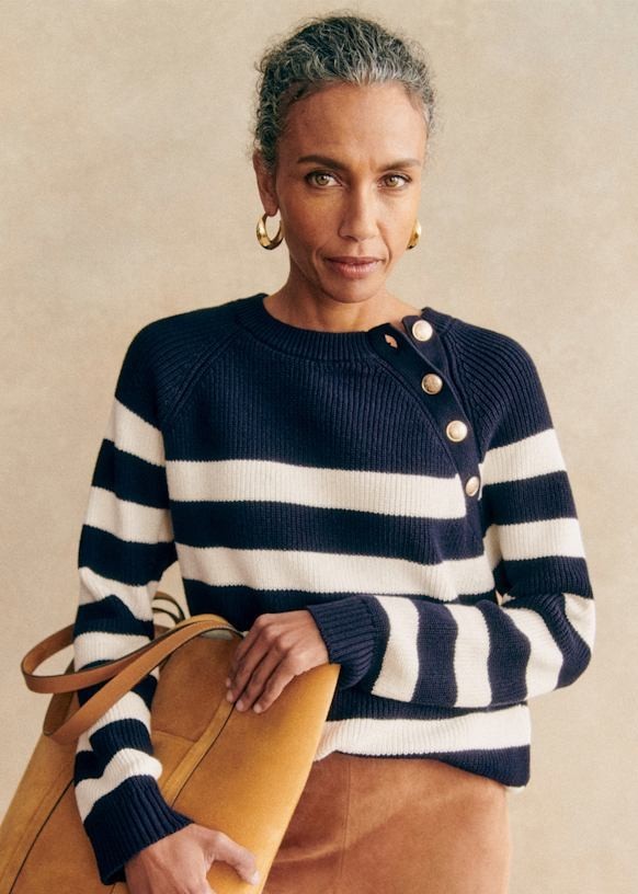 Sezane Gary Jumper Sweater, Navy Ecru Striped, Size Small, NWT
