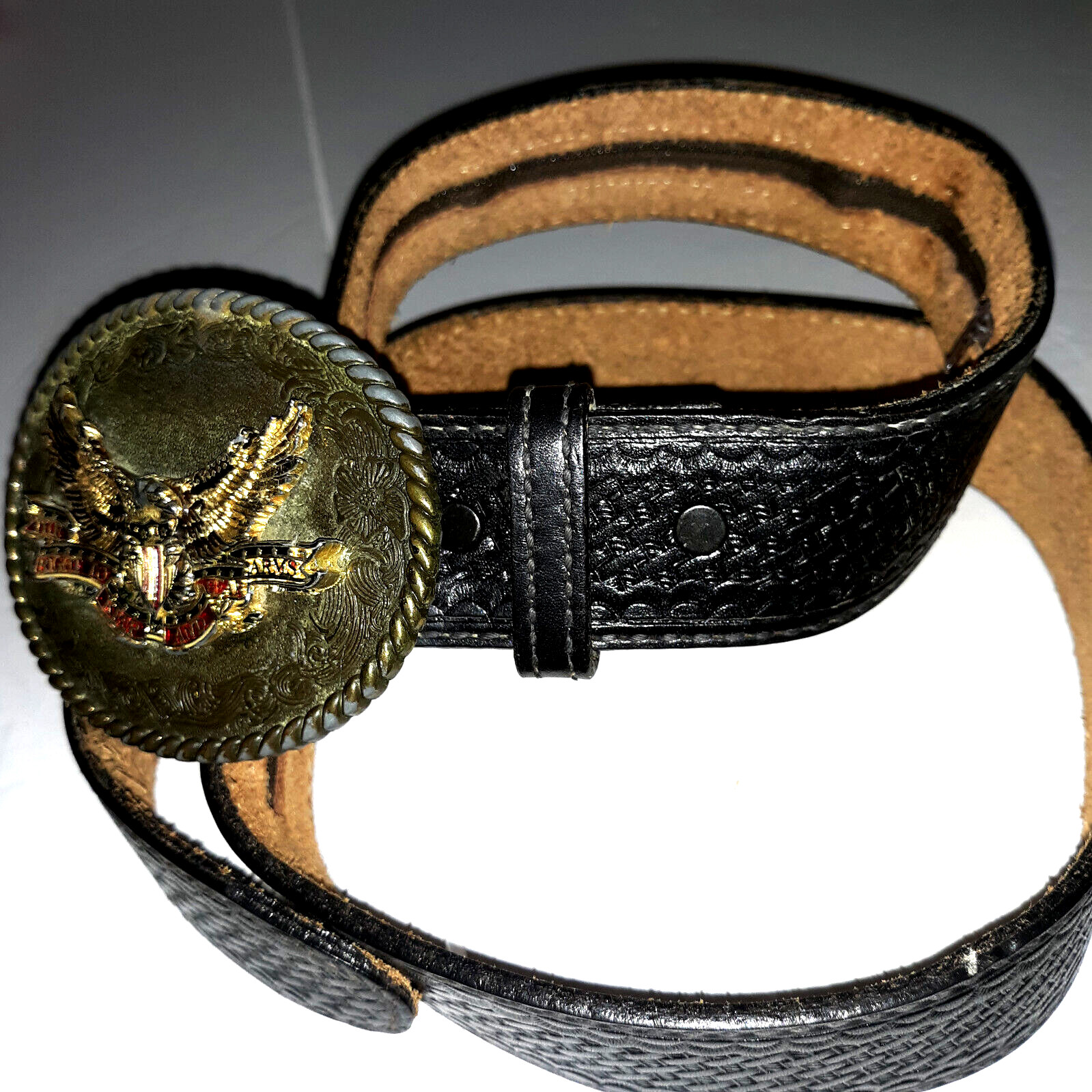 VTG DunDee Tooled Leather Zip $$ Belt 80sRainTree Buckle Eagle “Bare Arms”Sz 38