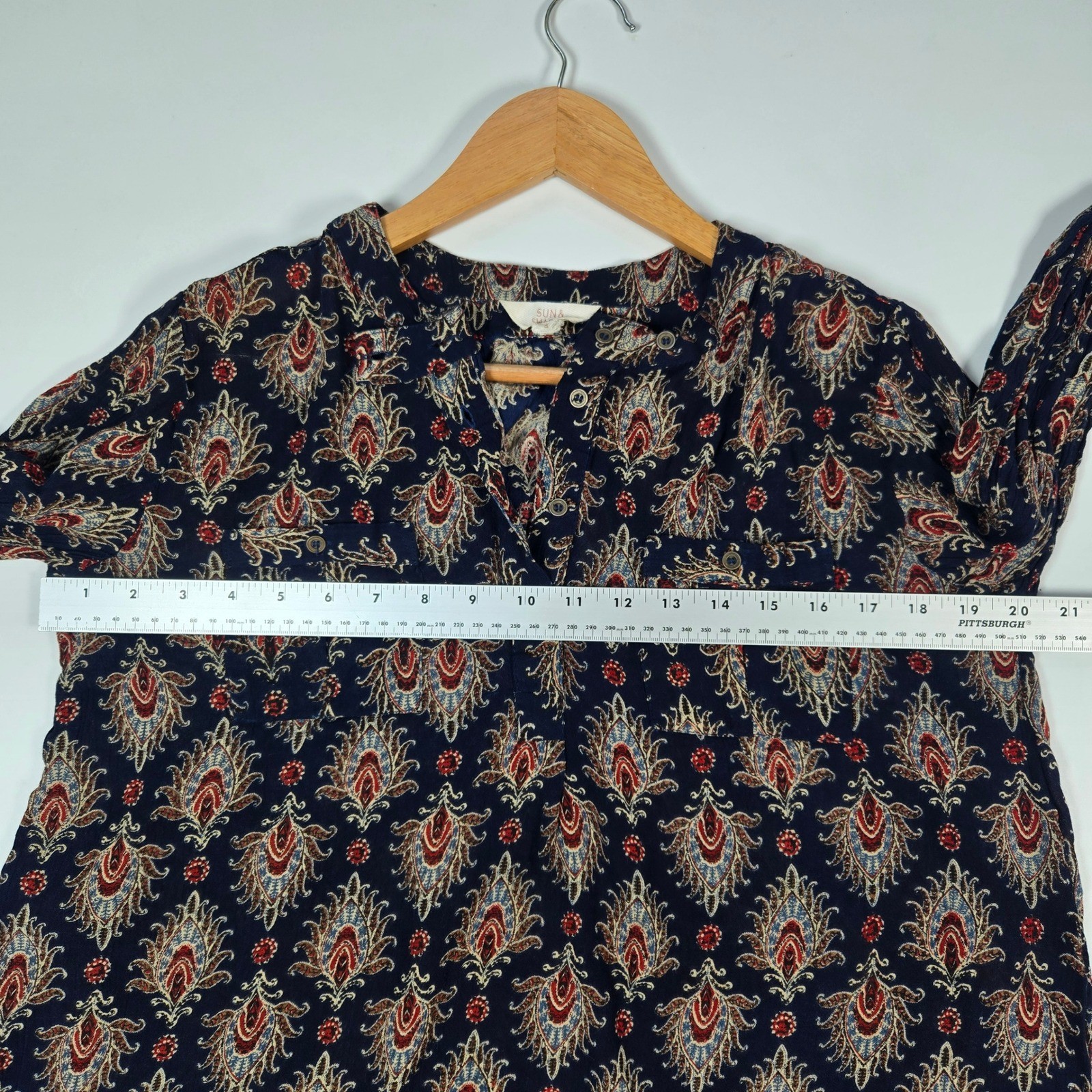 Sun & Shadow Blouse Women Small Navy Blue Paisley Boho Button Front Top Festival