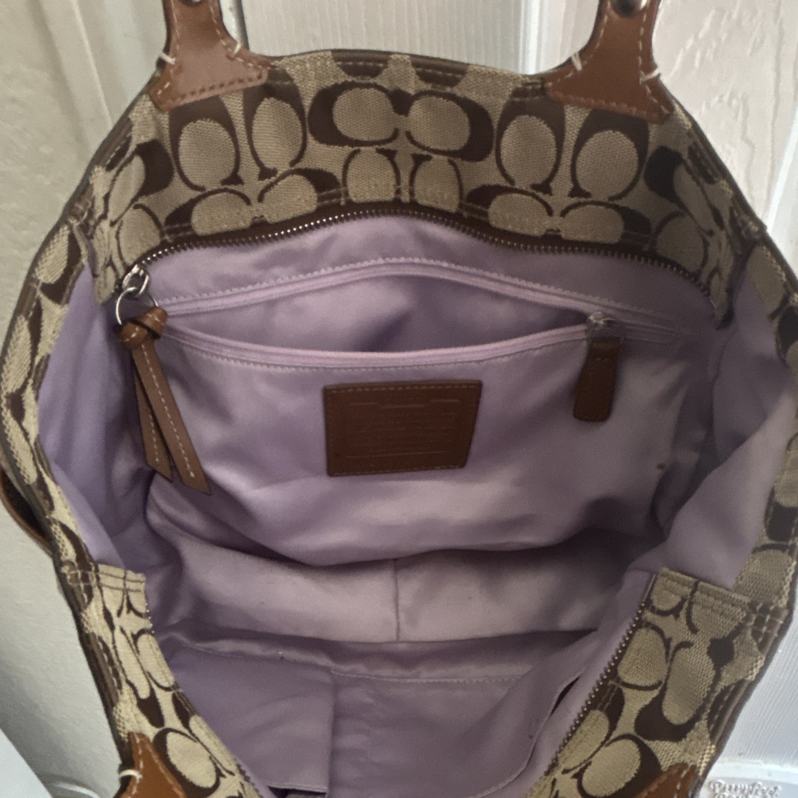 Coach Signature C Monogram Medium Zip Tote Brown/Beige Purple Lining Hangtag