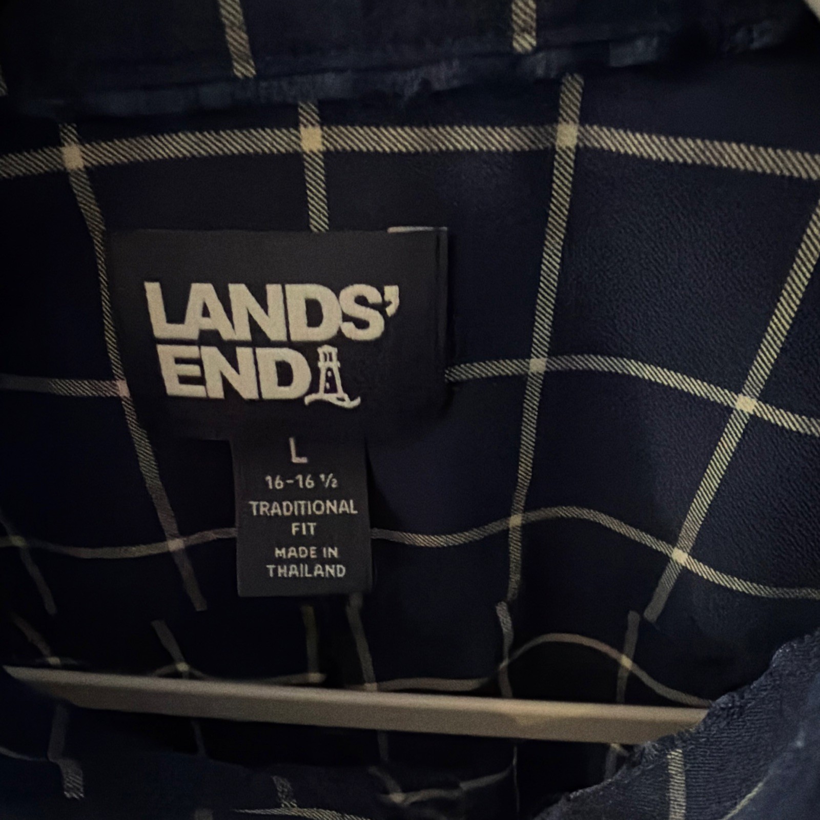 Lands’ End Men’s Blue/White Check Easy Care BD Dress Shirt L 16-16.5 32/33