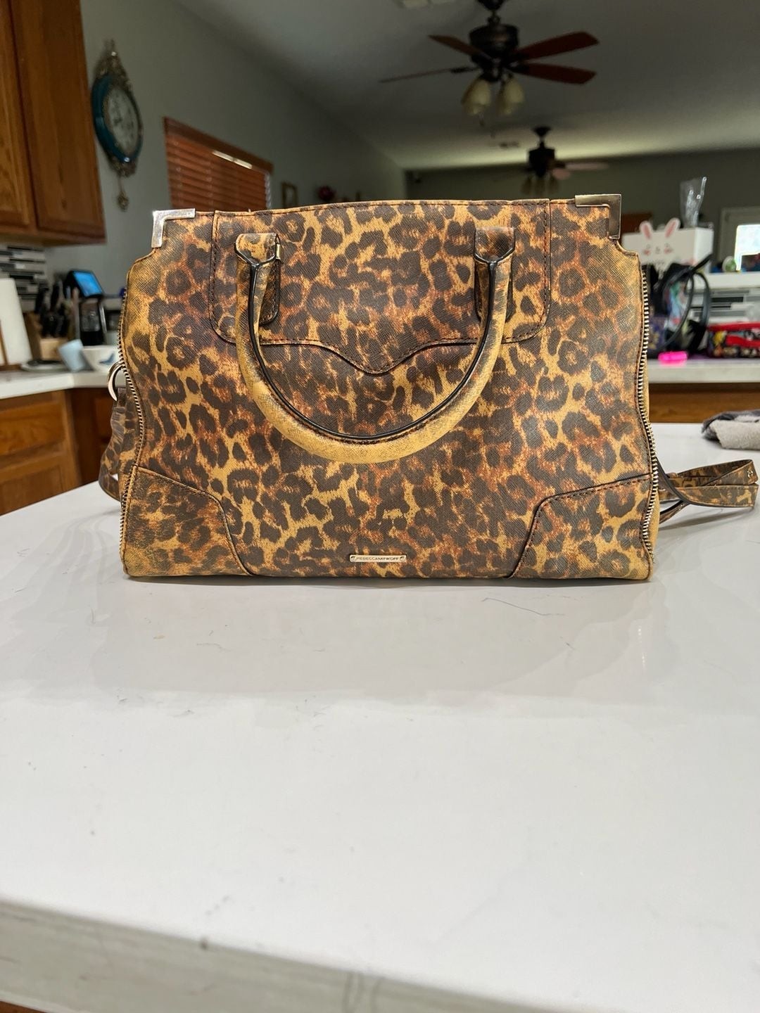 Rebecca Minkoff M.A.B. Tote Leopard Print Saffiano Leather Satchel Bag