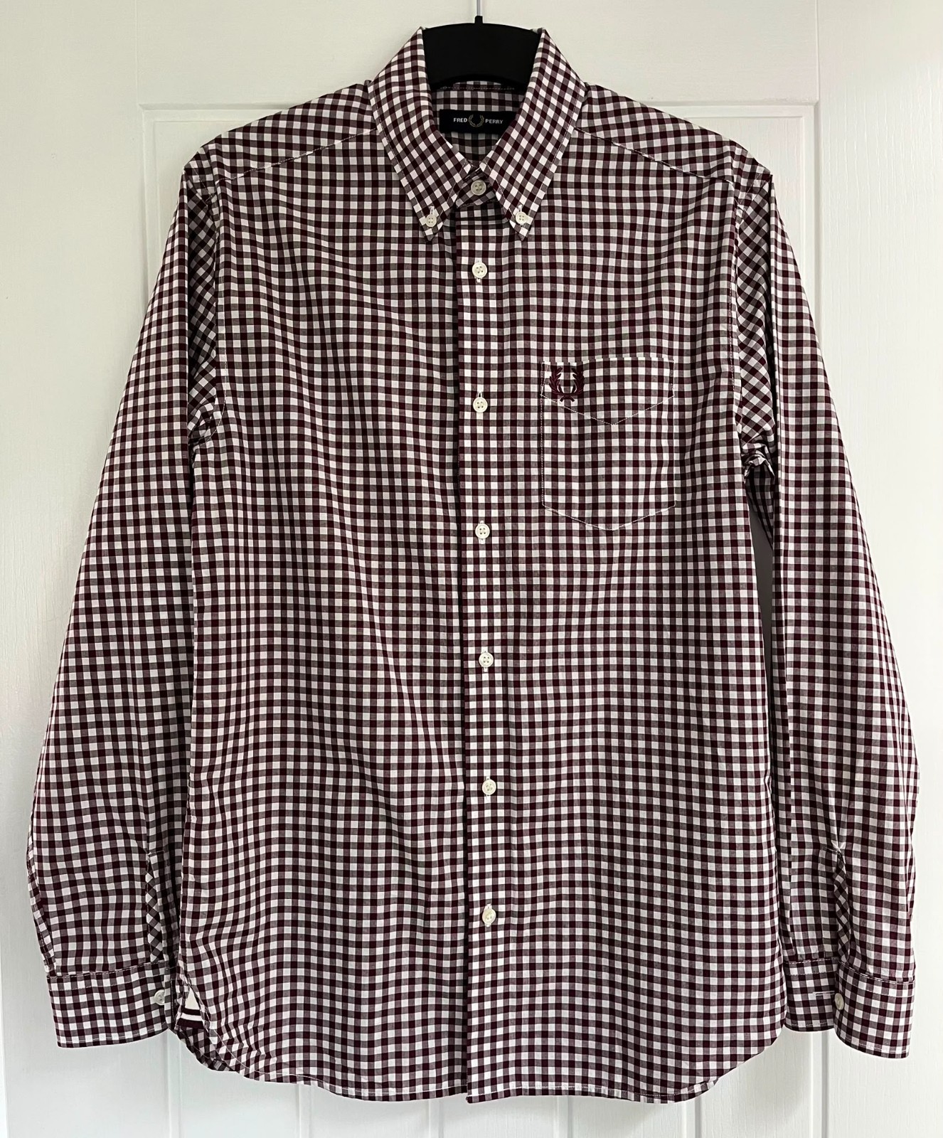 Fred Perry M9500 Burgundy Gingham Check Shirt Men’s S Cotton Button Down