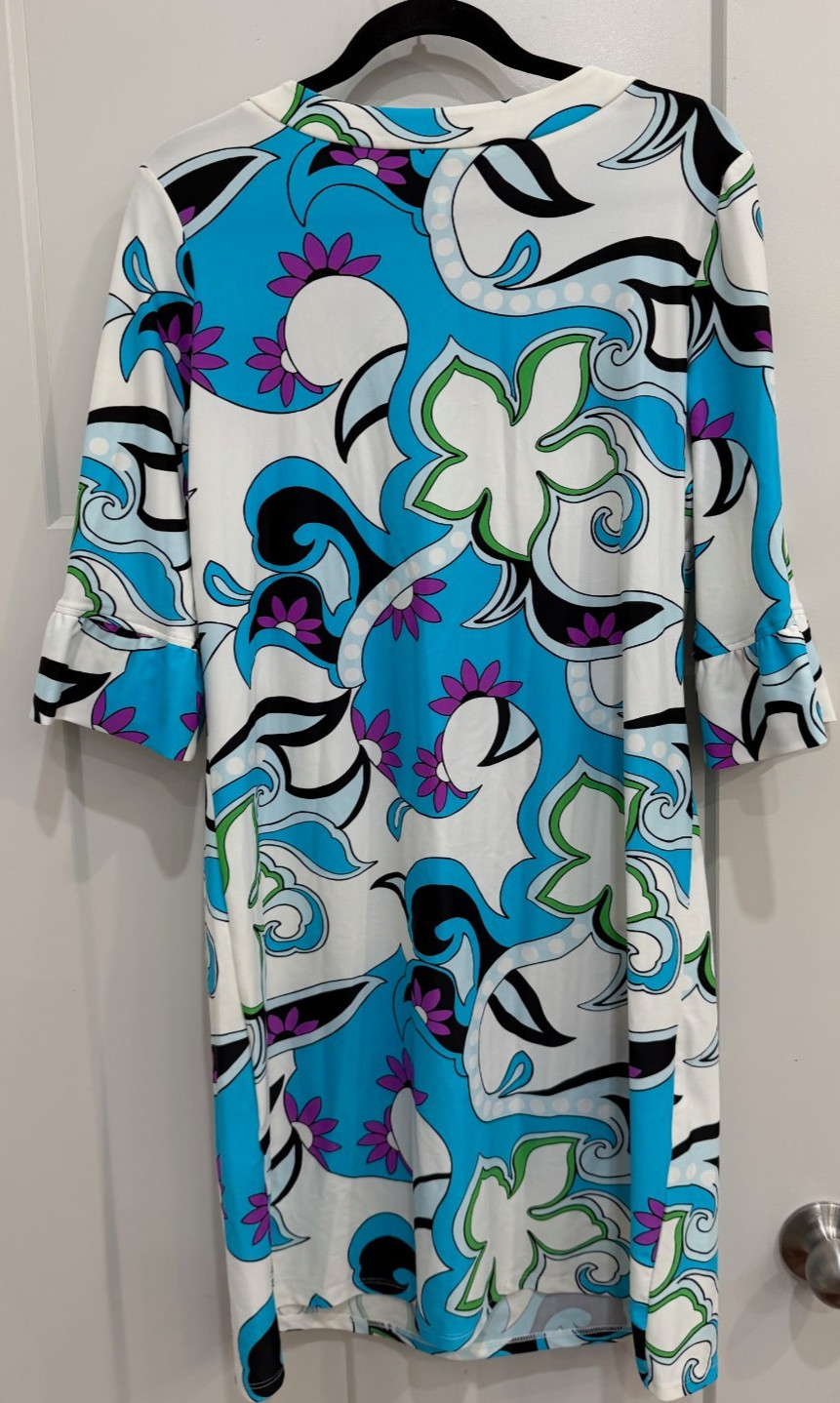 Jude Connally Turquoise and White Jersey Shift Dress Size XL 3/4 Ruffle Sleeve
