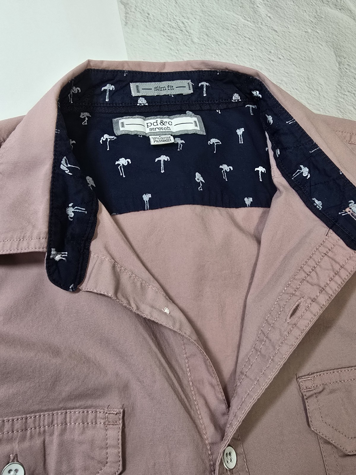 Pd&c Mens Shirt Stretch Slim Fit Button Up Short Sleeve Pink Hipster Retro Large