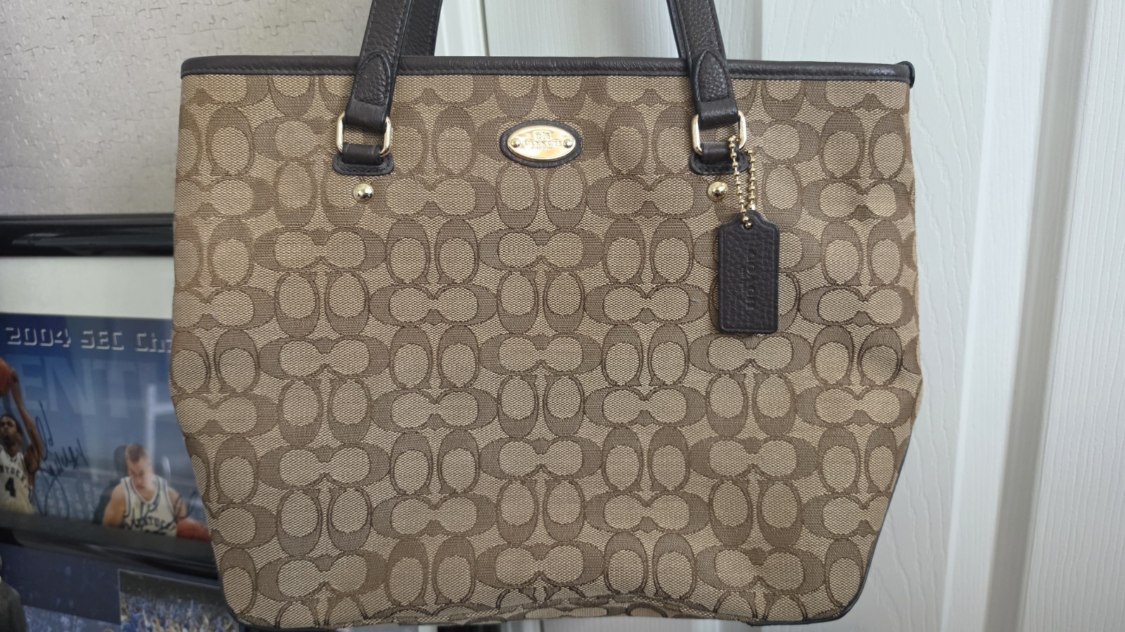 Coach Signature Zip Top Tote Khaki/Brown, Brown Handles, Black Lining