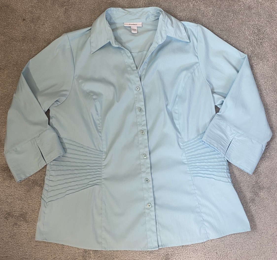 Dress Barn Aqua Blue Button Pin Tuck Blouse 14/16W Tailored Silouette Business