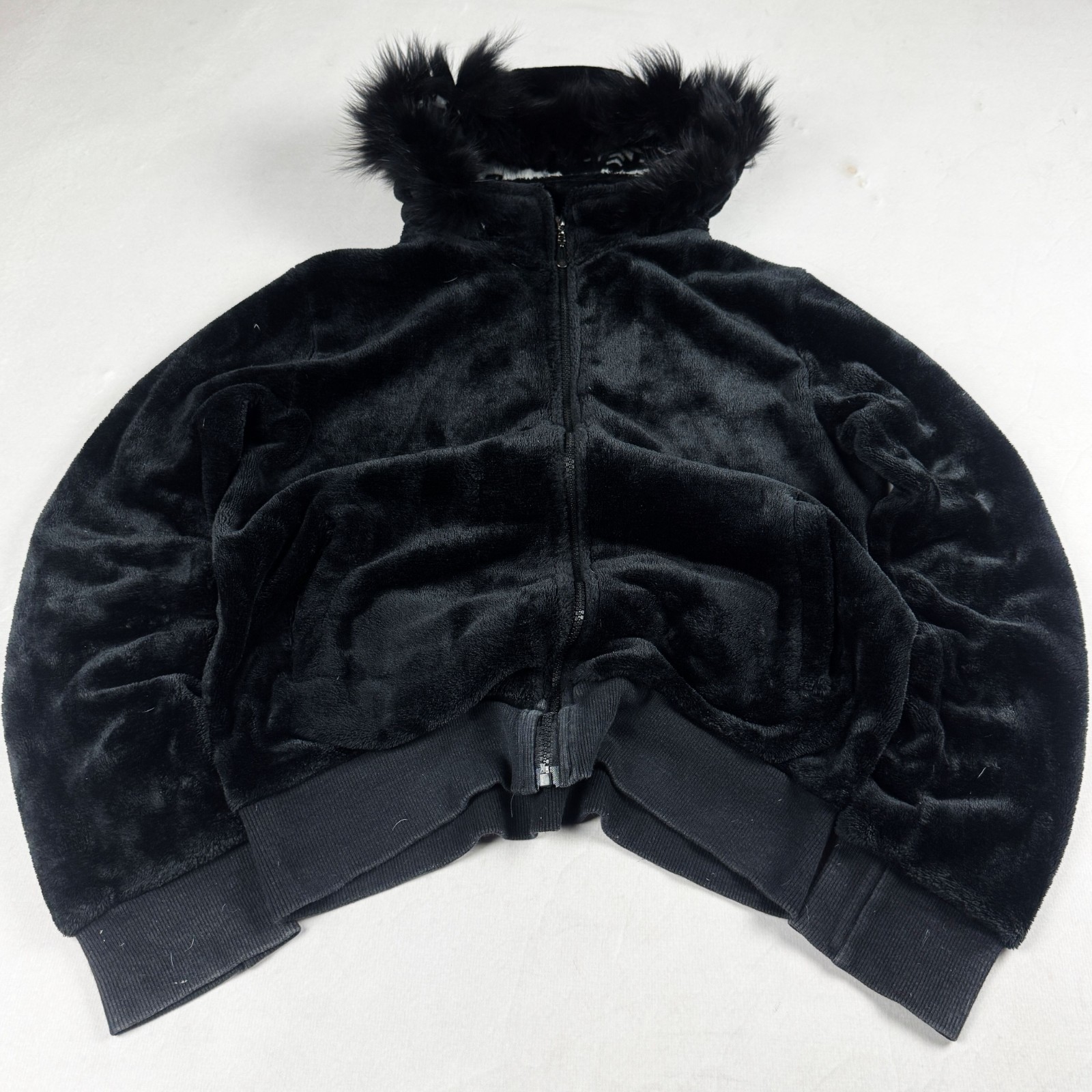 Mens Black Faux Fur Zip Jacket Plush Hooded Soft Y2K Winter Streetwear Cozy