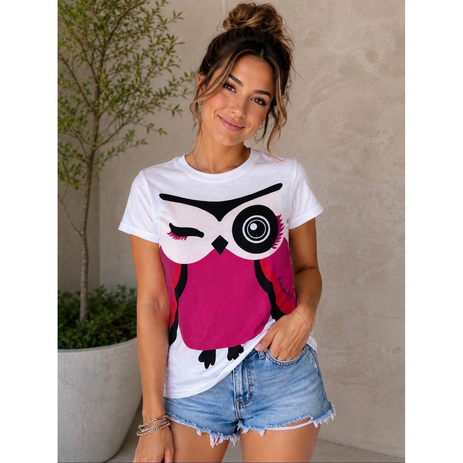 NEW Kate Spade New York Owl Graphic Tee Fresh White Pink whimsical artsy classy