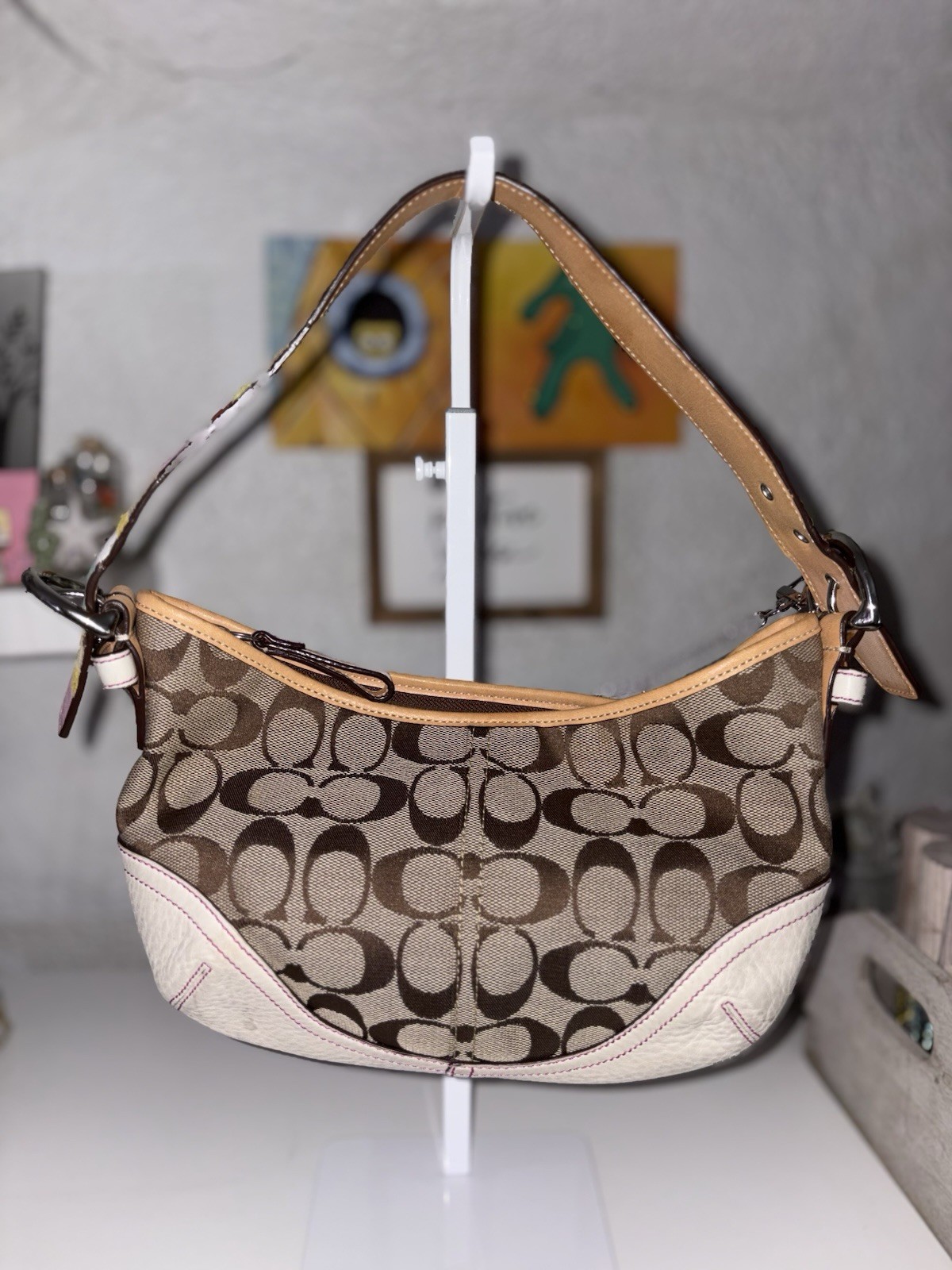 Coach Signature Soho Crescent Shoulder Bag Zip Stripe Strap Charm