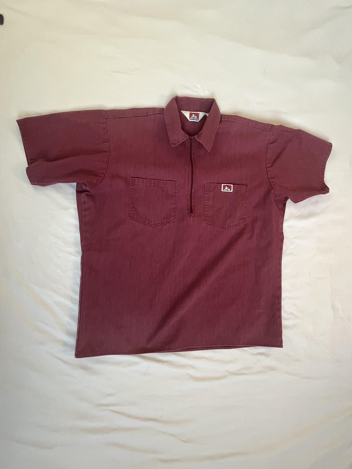 Vintage Ben Davis Shirt Mens L Red 1/2 Zip Twill Workwear Short Sleeve USA