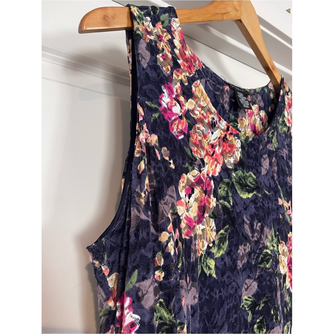 Papillon Navy Floral Sleeveless Midi Dress with Pink & Green Accents Flowy Lace