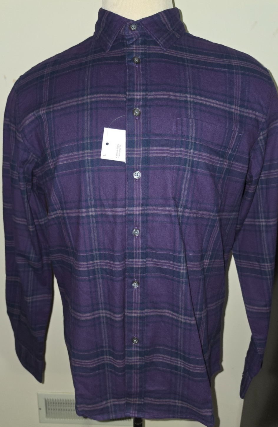 Men’s Apt. 9 Purple Plaid Long Sleeve Button Front Stretch Flannel Shirt Large