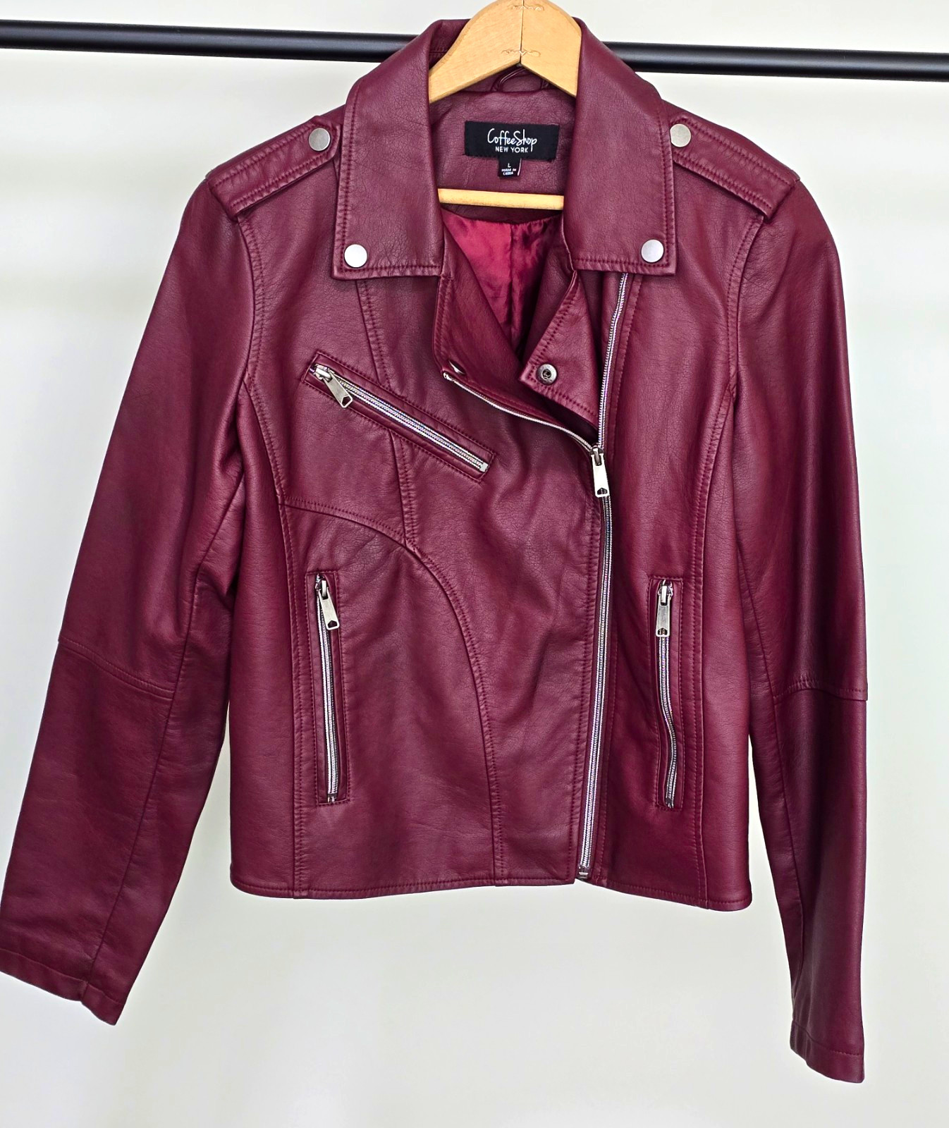 Coffee Shop New York Women’s Burgundy Biker Jacket L Short Zip Zipped Pockets