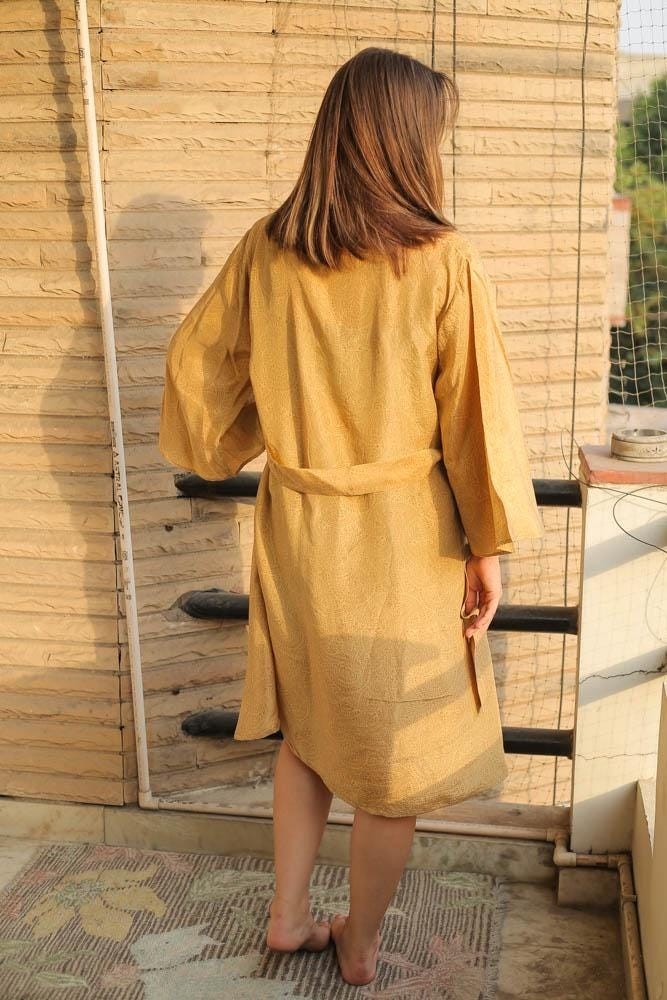 Pure Silk Midi Kimono Knee Length Gown Silk Robe PS MKMO2016