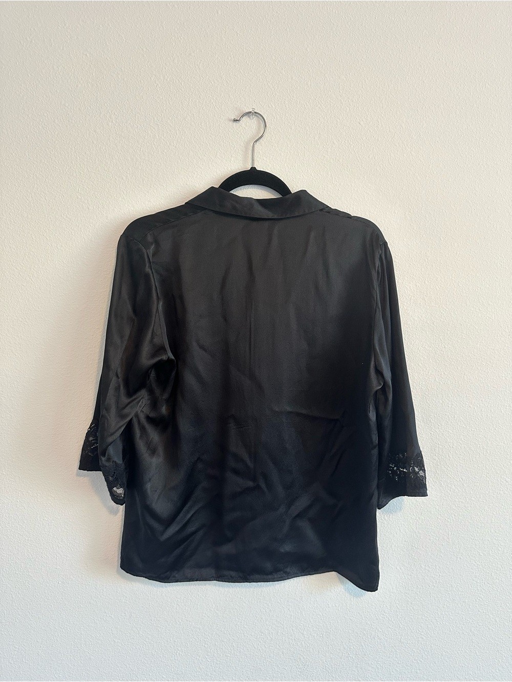 Nordstrom 100% Silk Black Button-Front Collared Top with Lace Trim Size M Luxe