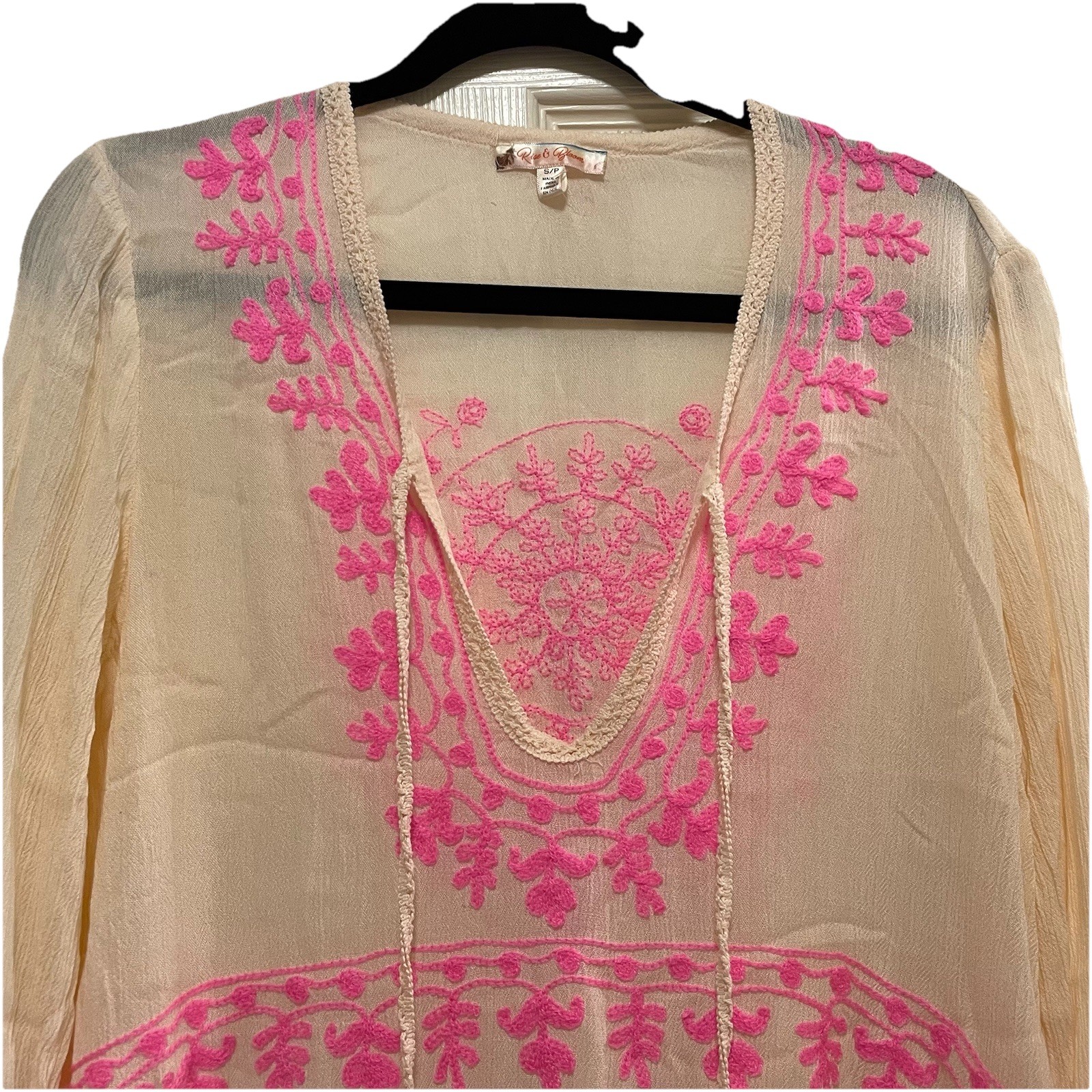 RISE & BLOOM Blush and Pink Embroidered Gauzy Tunic Top Cover Up Sz S