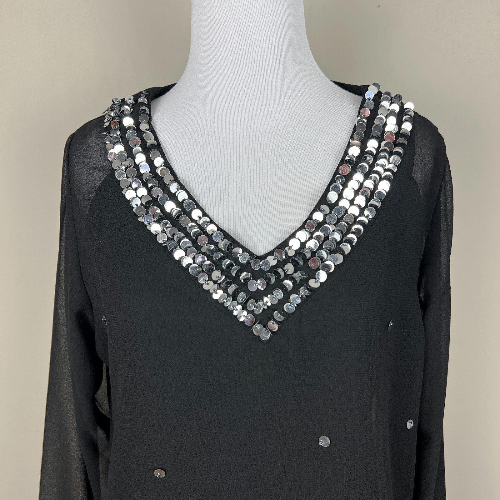 Cervelle Whimsigoth Tunic Top Womens Small Black Semi Sheer Sequin Trim Lined S