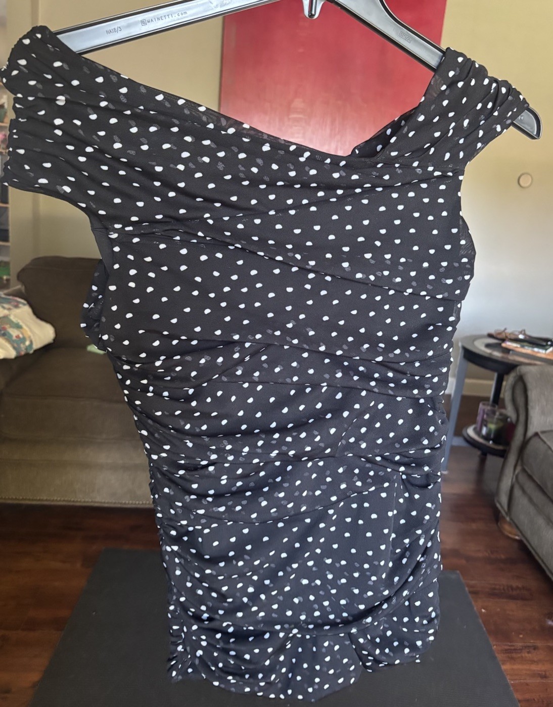 White House Black Market Black White Polka Dot Strapless Ruched Top M