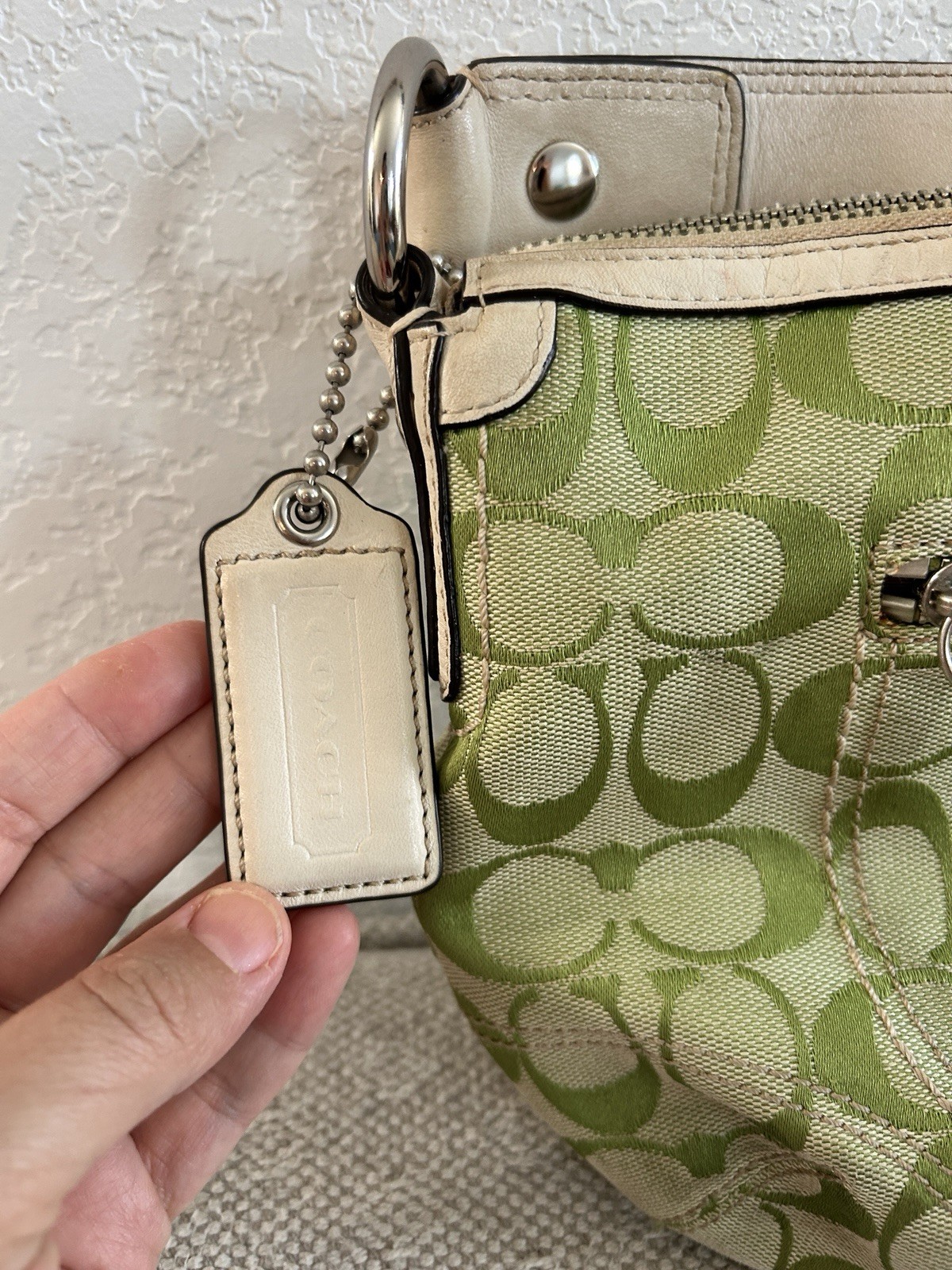 Coach APPLE GREEN Signature Canvas White Leather Trim Shoulder Bag Y2K Rare