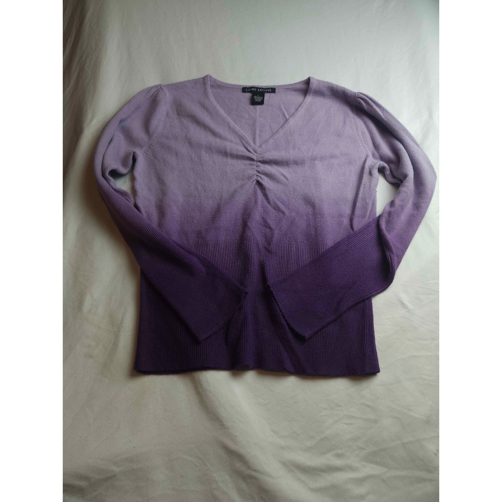 Larry Levine Purple Ombre V-Neck Sweater Long Sleeve Knit Top Size L Womens