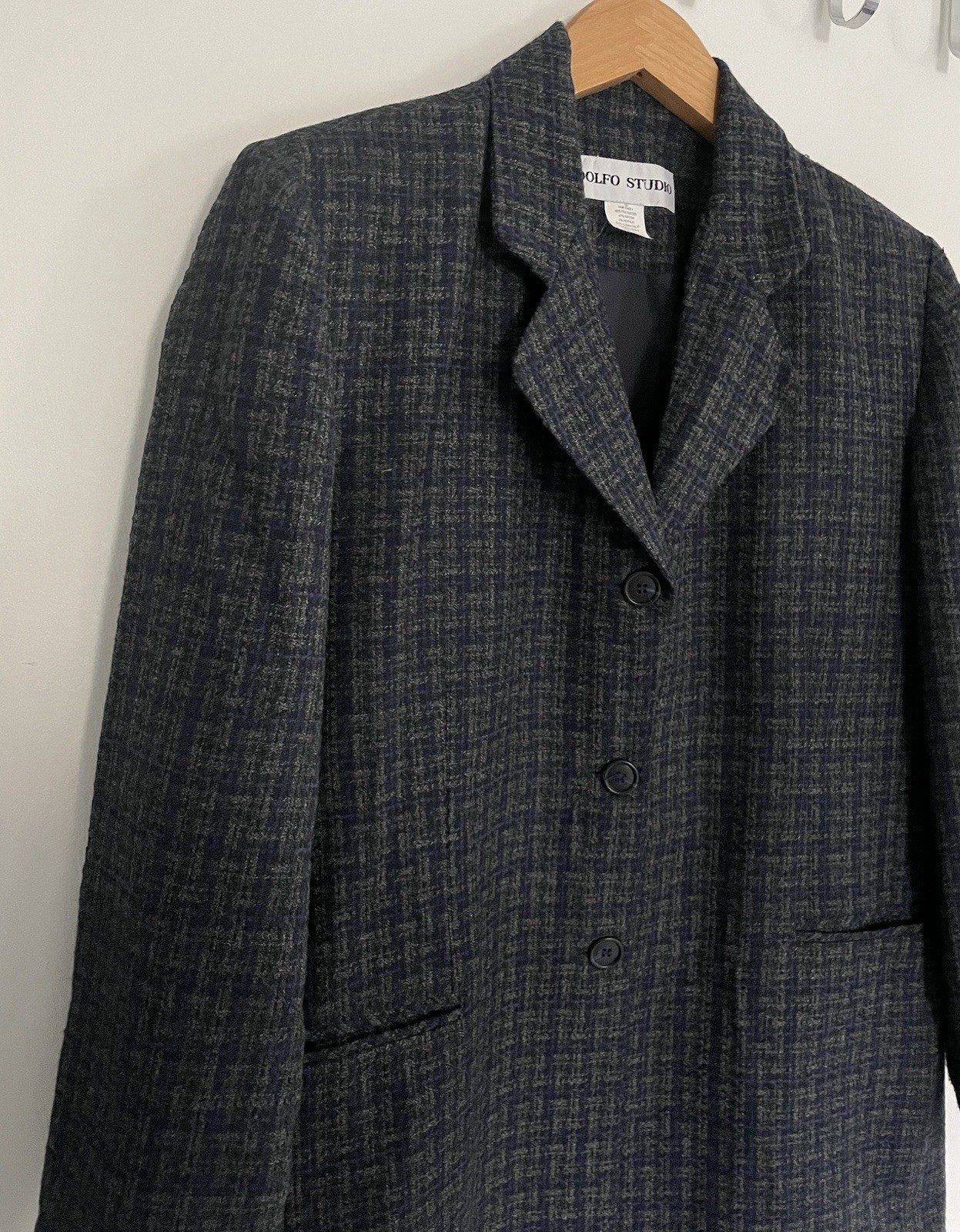Vtg Adolfo Studio Women’s 2 Piece Tweed Skirt Suit Gray Blue Blazer Work Size 14
