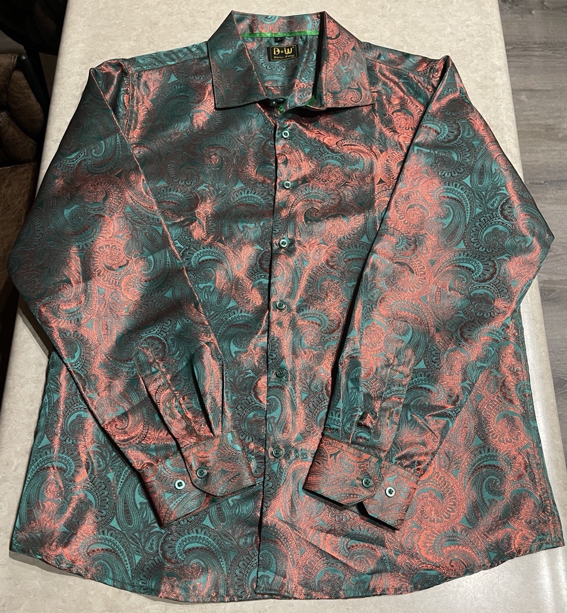 Barry Wang Men’s Green & Pink Paisley Silk Button Down Front Dress Shirt Sz L