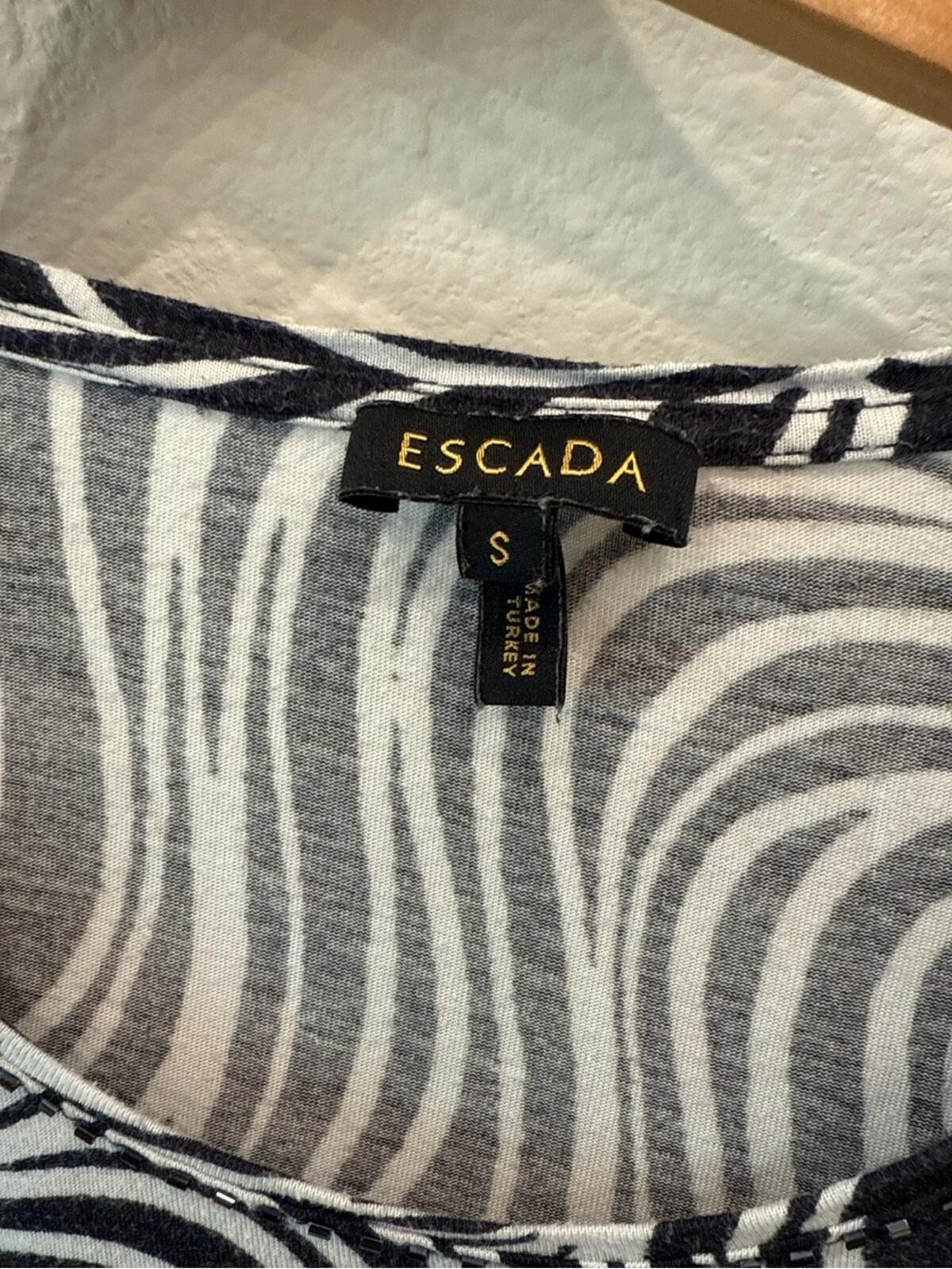 Escada Sport Zebra Print Beaded Neckline Top Small Navy White 3/4 Sleeve
