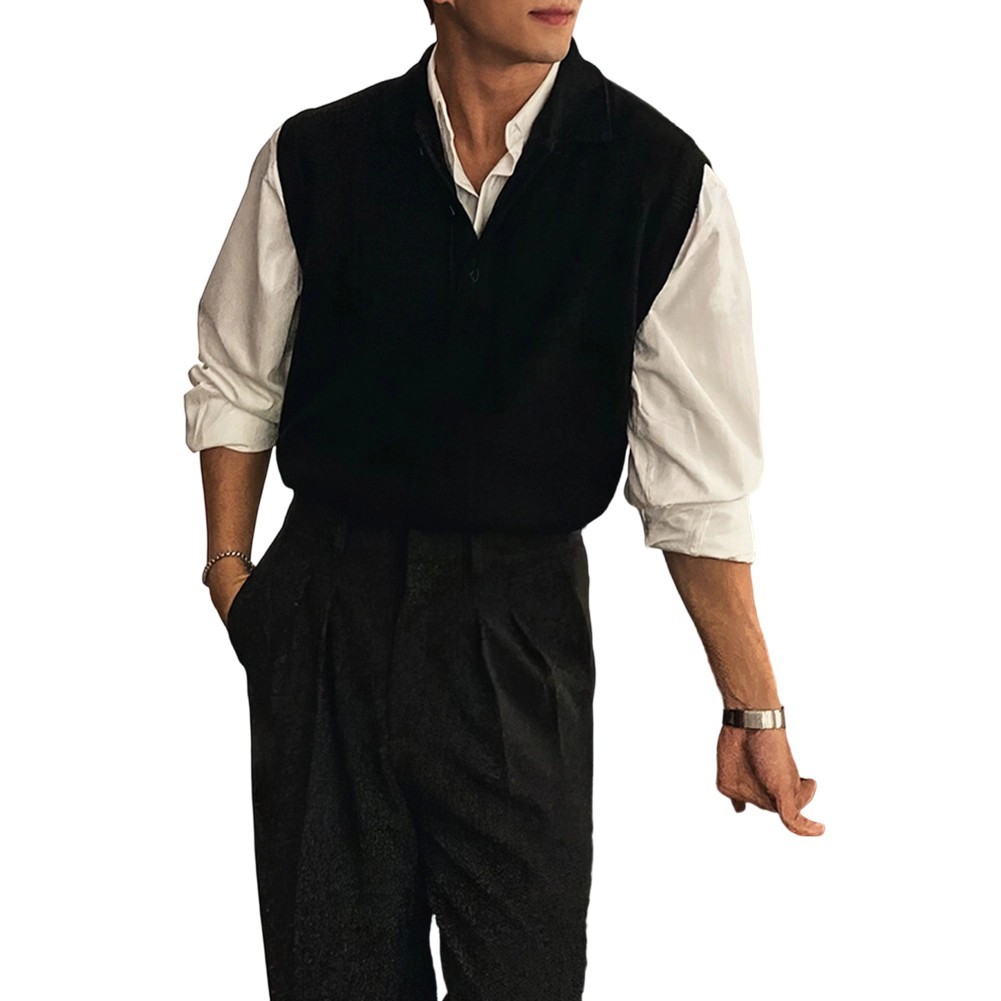 Men Sleeveless Sweater Vest Knitted Pullover with Lapel for Casual