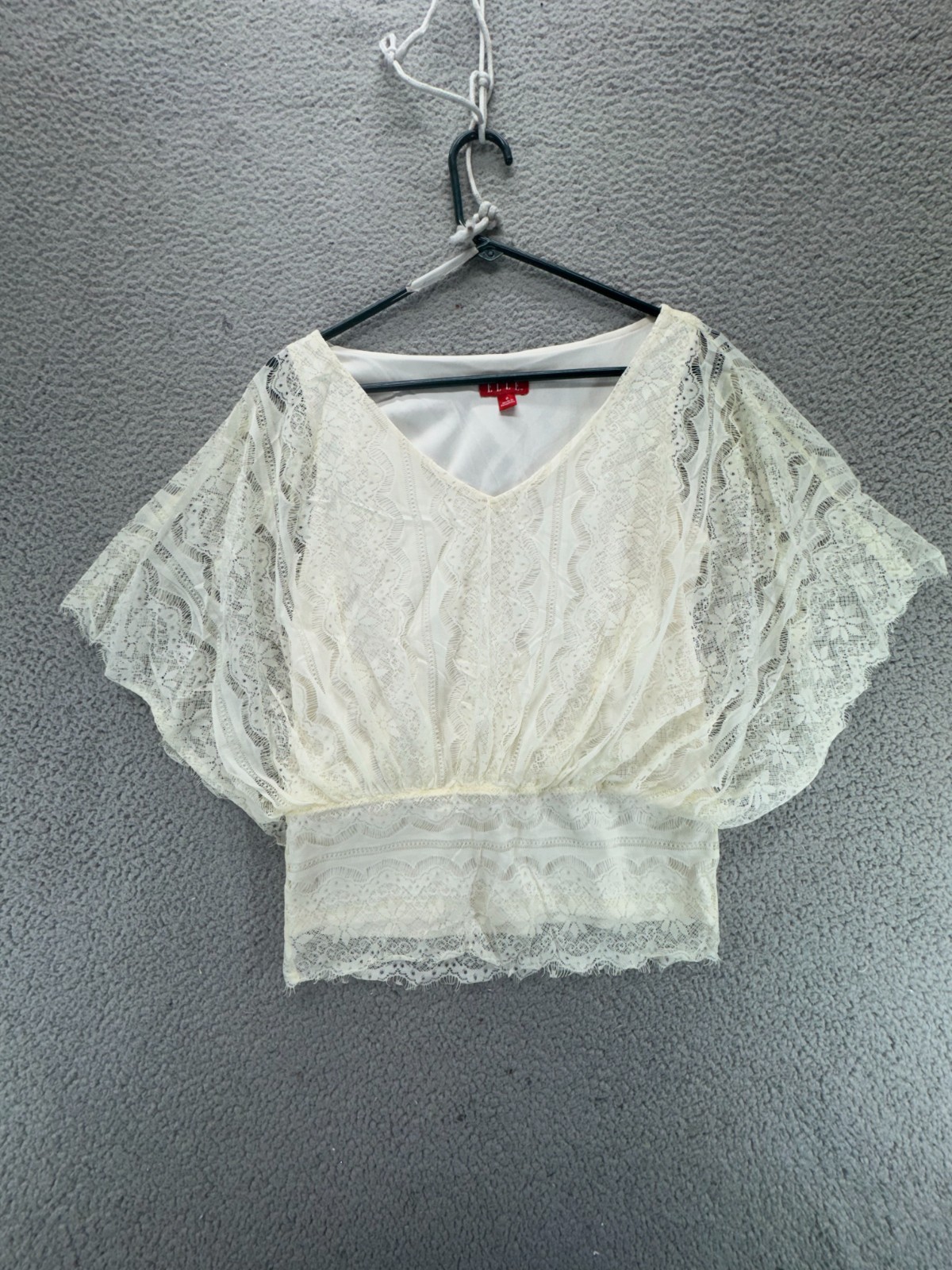 Elle Womens Mesh Overlay Dolman Sleeves Lace Batwing Blouse Off White Size S